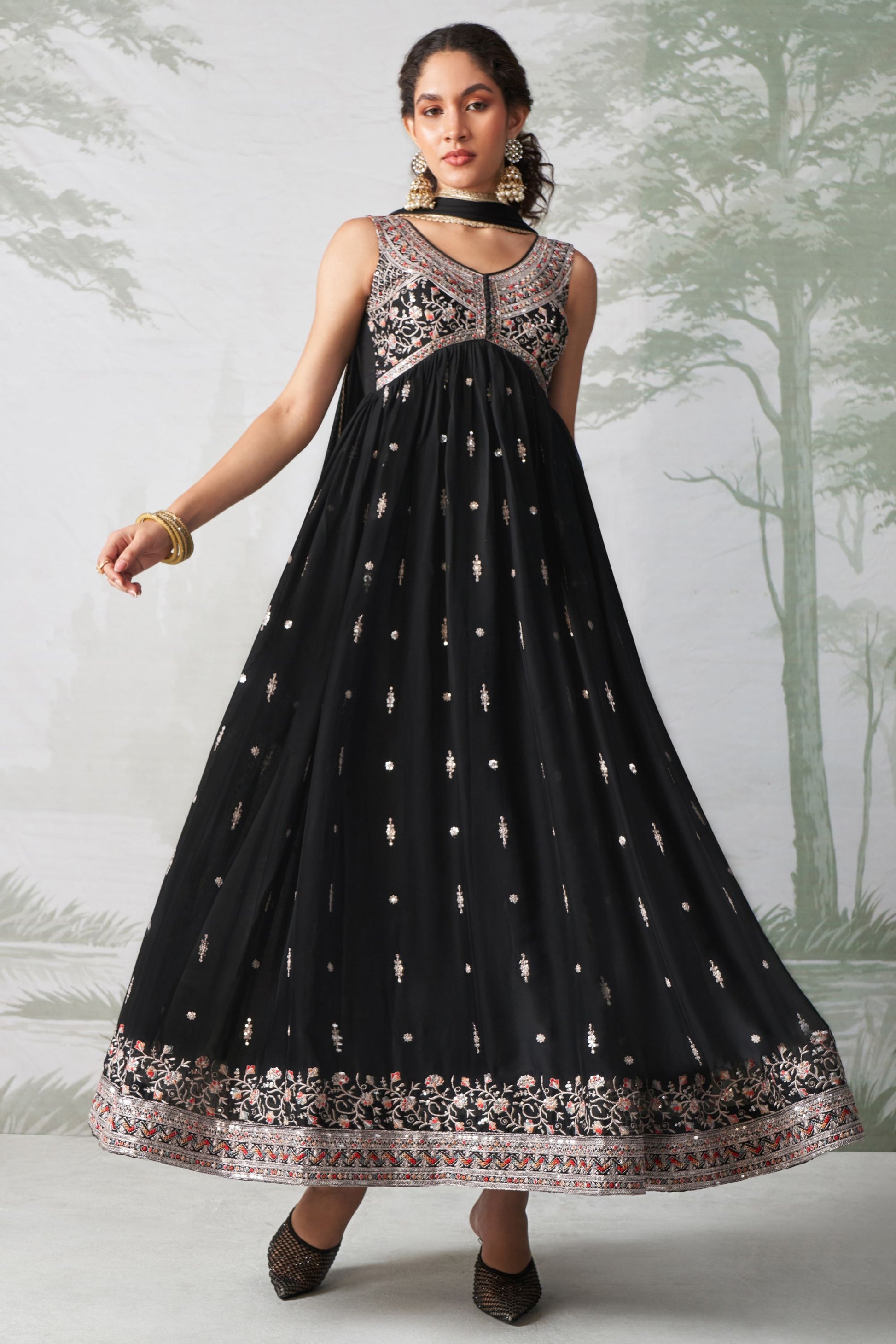 Black Georgette Anarkali Gown For Indian Festivals & Weddings - Thread Embroidery Work, Zari Work, Seqeuence Work