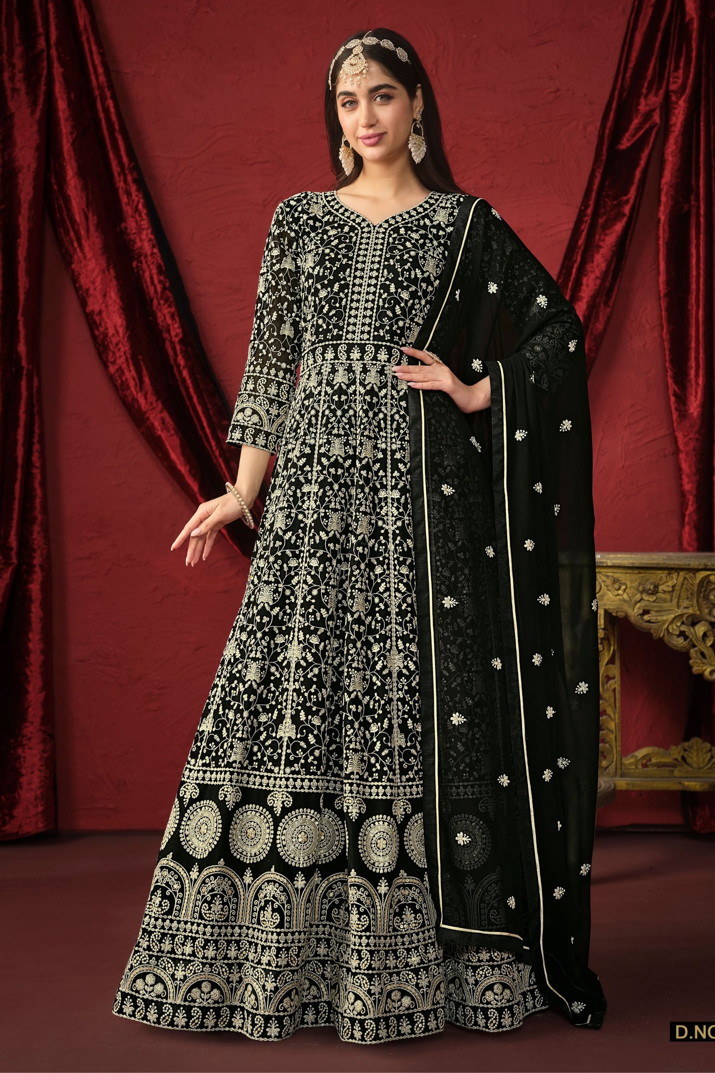 Black Georgette Full Floor Length Anarkali Gown For Indian Festivals & Weddings - Thread Embroidery Work