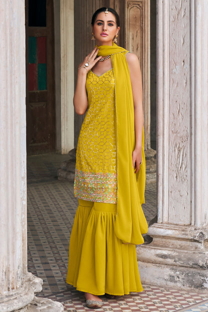 Yellow Georgette Sharara Suits for Pakistani Festival & Indian Wedding - Thread & Sequence Embroidery Work