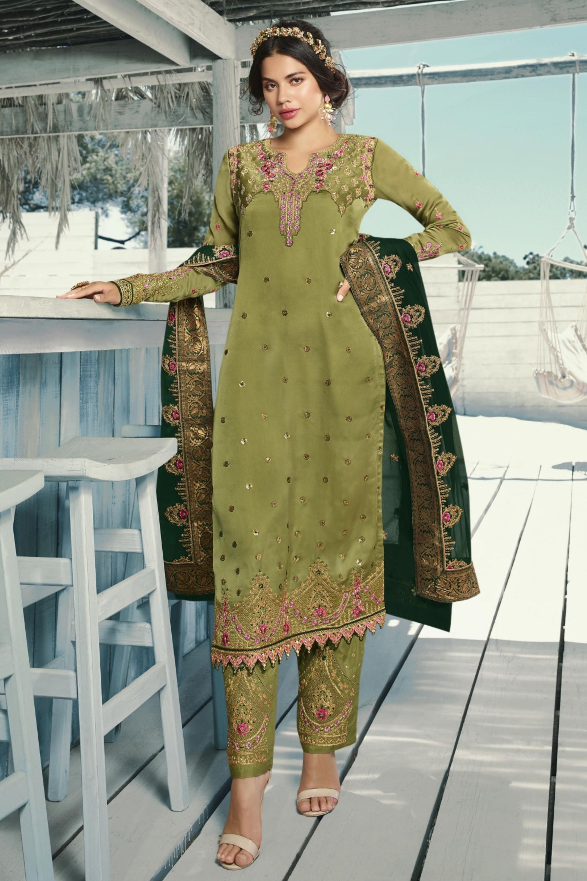 Olive Georgette Kameez with Pant For Indian Suit Festivals & Pakistani Weddings - Embroidery Work, Hand Work