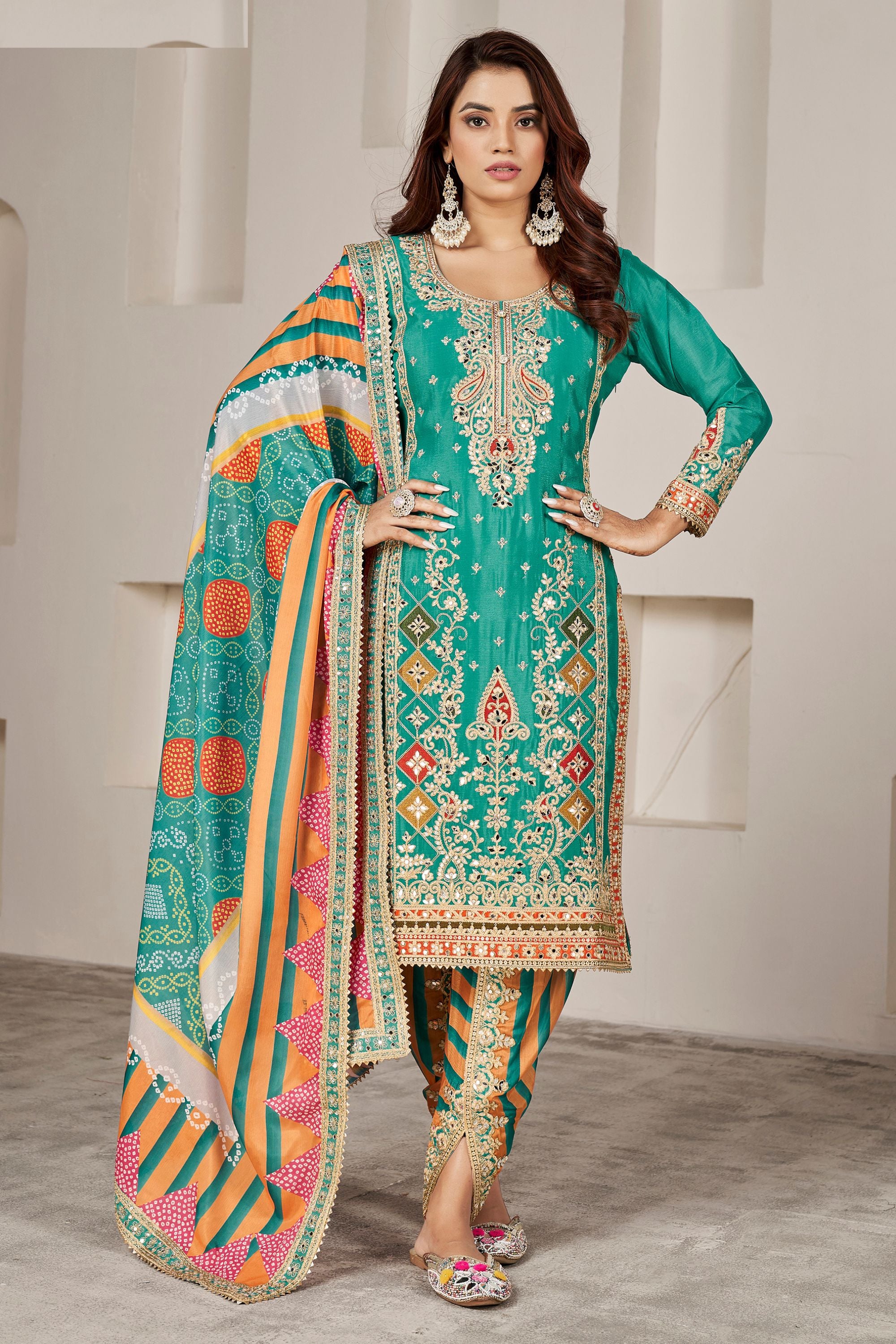 Green Chinon Silk Salwar Kameez with Dhoti Tulip for Indian Festival & Pakistani Wedding - Sequence Embroidery Work, Dori Work, Print Work, Mirror Work