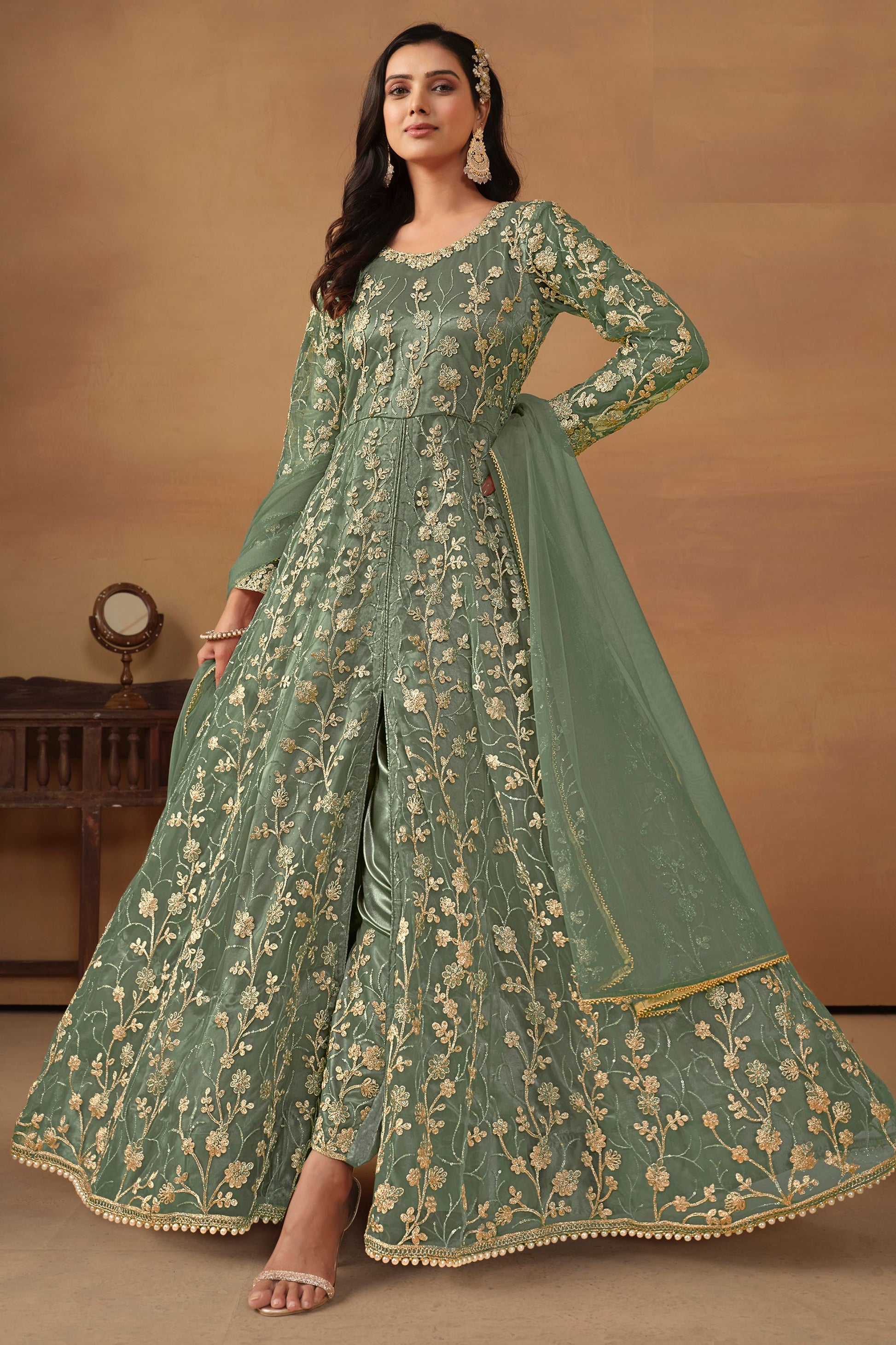 Green Net Full Floor Length Anarkali Dress with Front Slit For Indian Festivals & Weddings - Thread & Sequence Embroidery Work