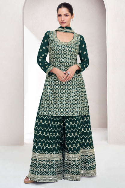 Green Chinon Silk Plazo Suit For Wedding & Festival - Embroidery Work