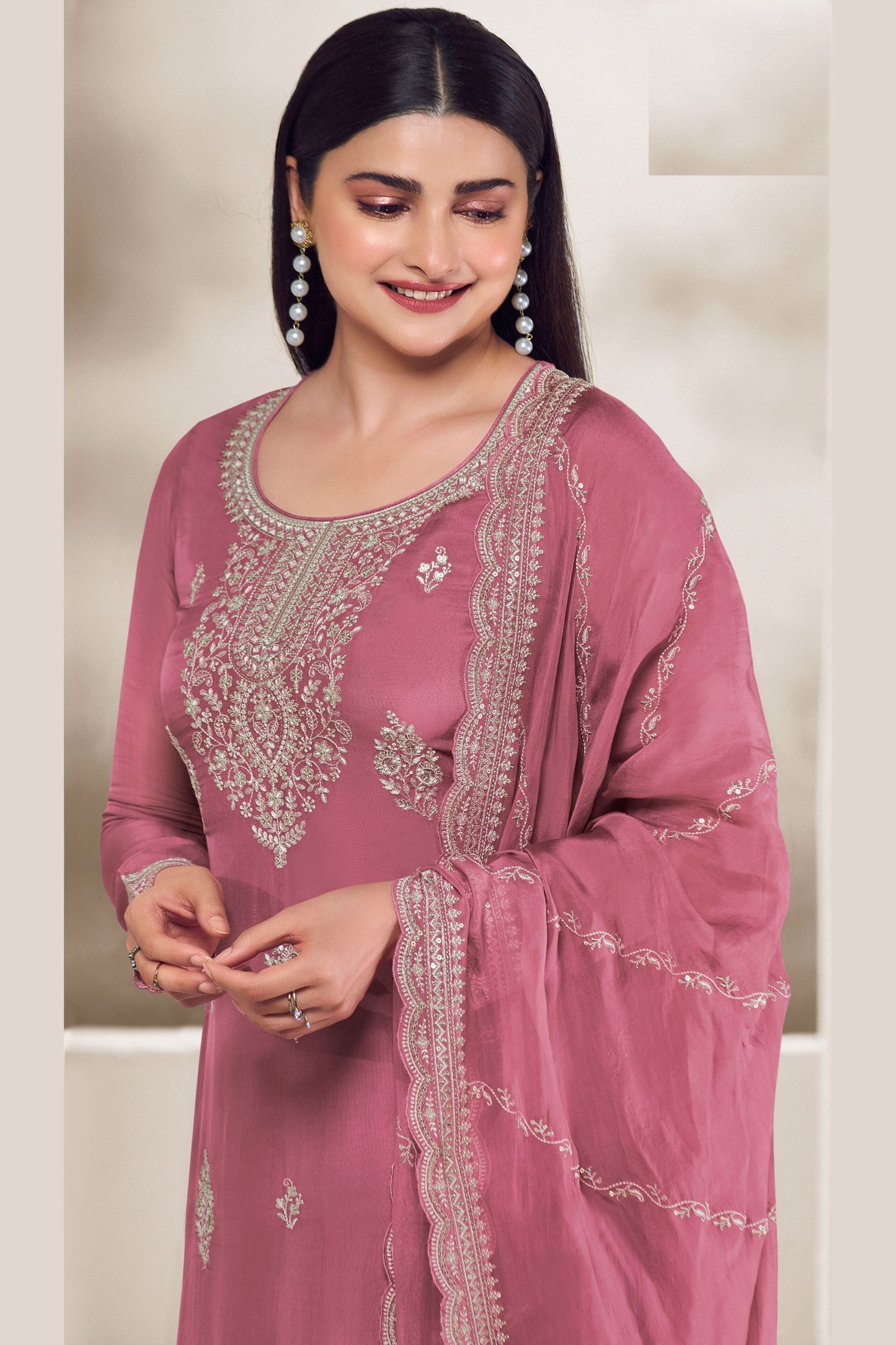 Rose Gold Organza Kameez with Pant For Indian Suit Festivals & Weddings - Thread Embroidery Work