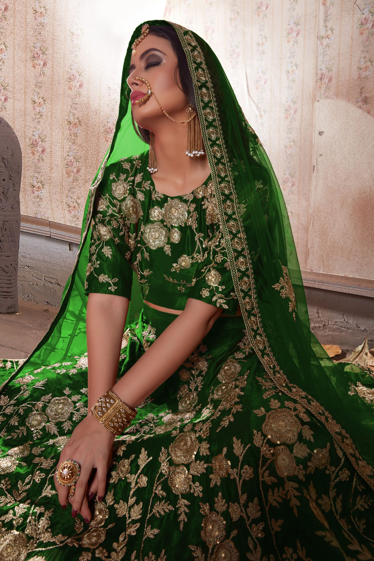 Green Velvet Silk Lehenga Choli For Indian Festival & Weddings - Sequence Embroidery Work, Lace Work, Dori Work