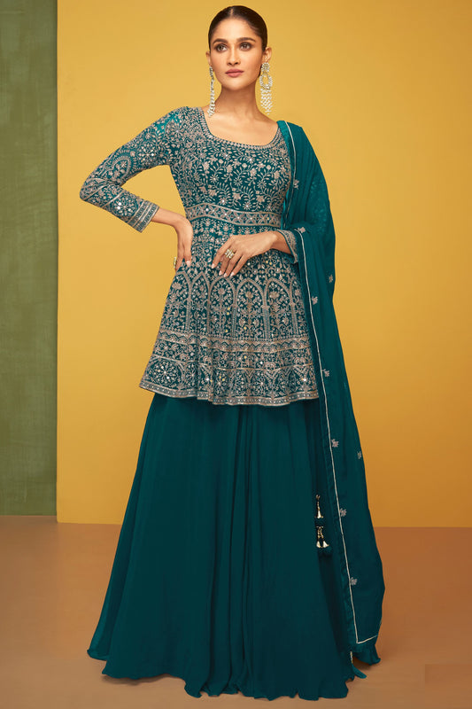 Teal Georgette Kameez with Skirt For Indian Festivals & Pakistani Weddings Dress - Embroidery Work