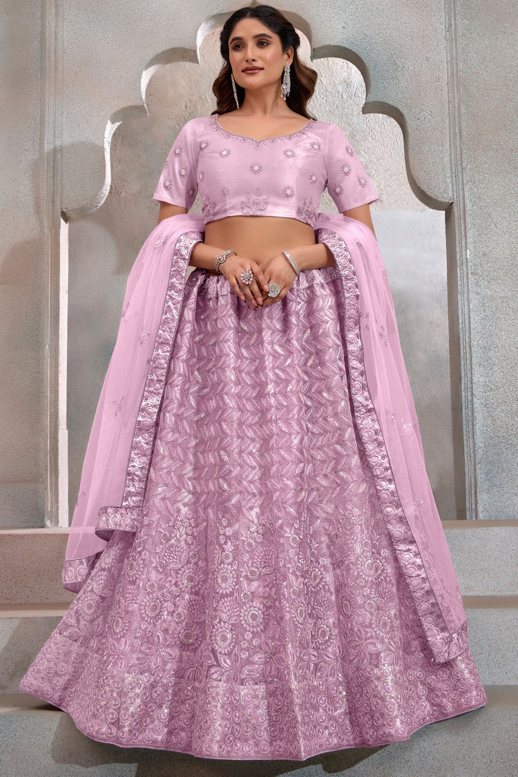 Light Purple Net Lehenga Choli For Indian Festival & Weddings - Thread Embroidery Work, Sequence Embroidery Work