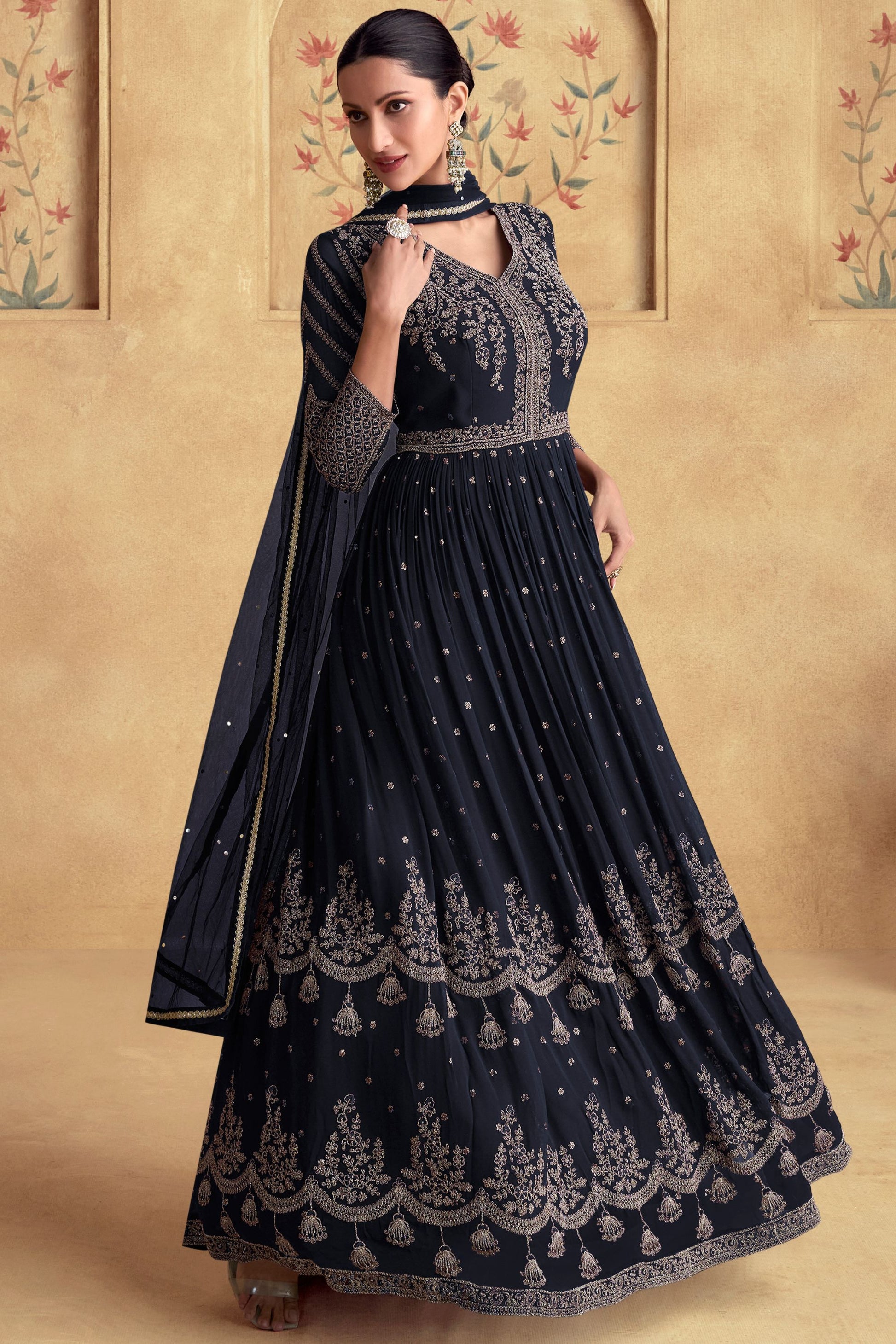 Black Chinon Silk Anarkali Gown Suit For Indian Festivals & Weddings - Embroidery Work