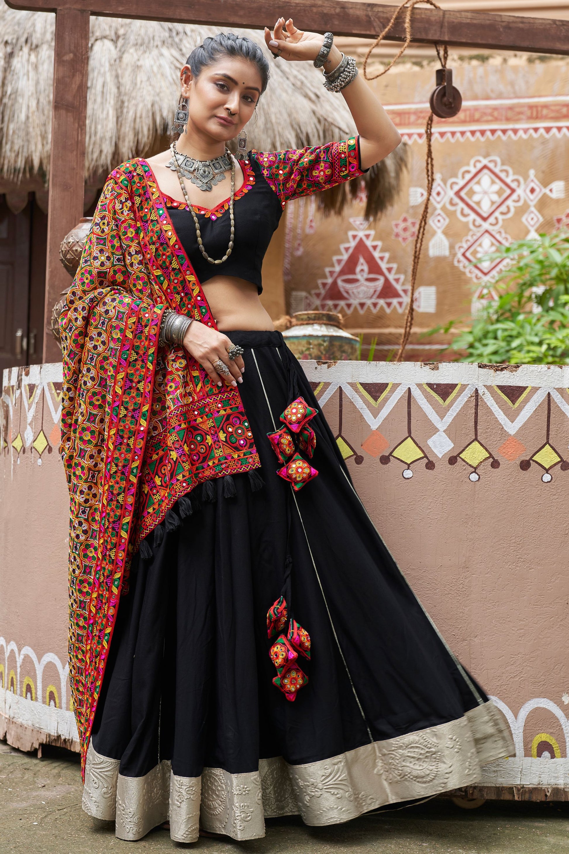 Black Rayon Chaniya Choli For Navratri Garba Festivals 7 Meters Flair - Embroidery Work, Real Mirror Work