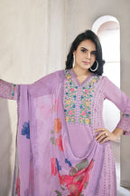 Lilac Viscose Silk Kameez with Pant Suit For Indian Festivals & Pakistani Weddings - Embroidery Work. Print Work