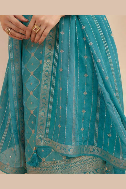 Cyan Zari Dola Jacquard Salwar Kameez Suit For Indian Festivals & Pakistani Weddings Dress