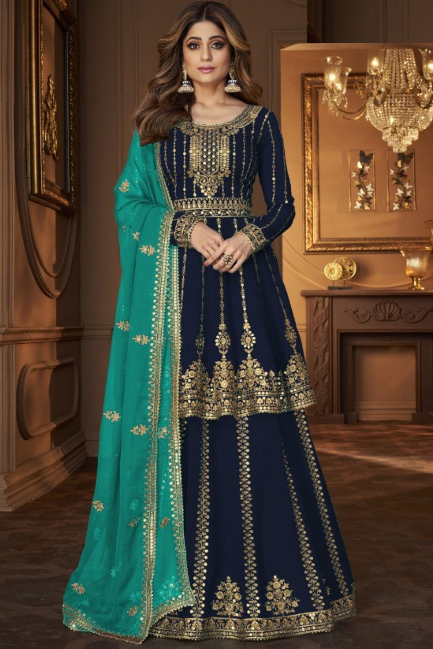 Navy Blue Georgette Salwar Kameez Lengha Suit For Indian Wedding & Festival - Embroidery Sequence Work