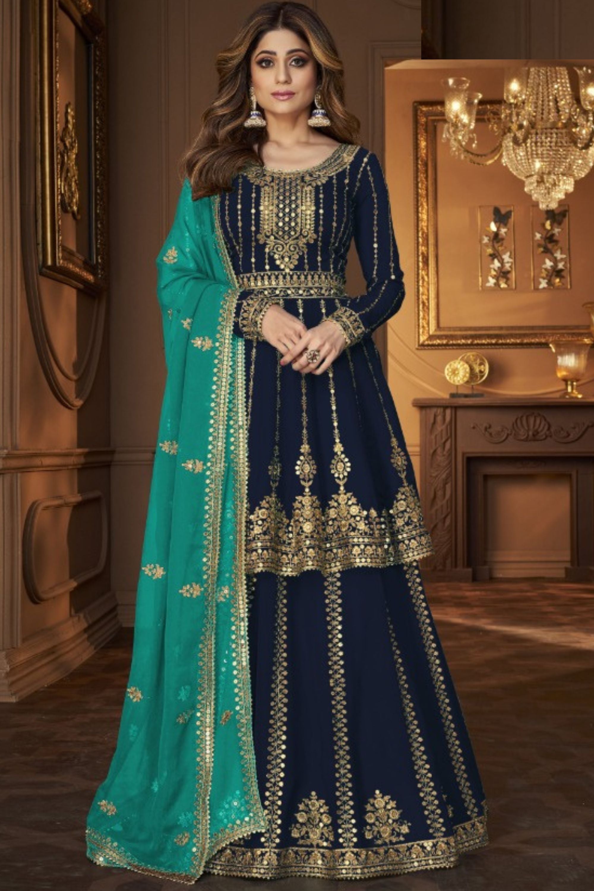 Navy Blue Georgette Salwar Kameez Lengha Suit For Indian Wedding & Festival - Embroidery Sequence Work