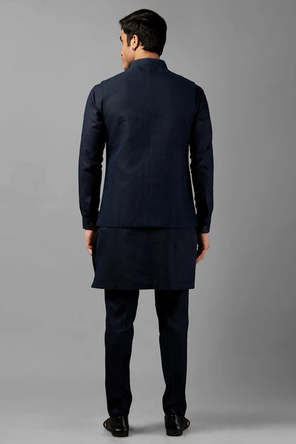 Navy Blue Linen Men's Wedding Suit Waistcoat, Kurta with Pant - Embroidery Work