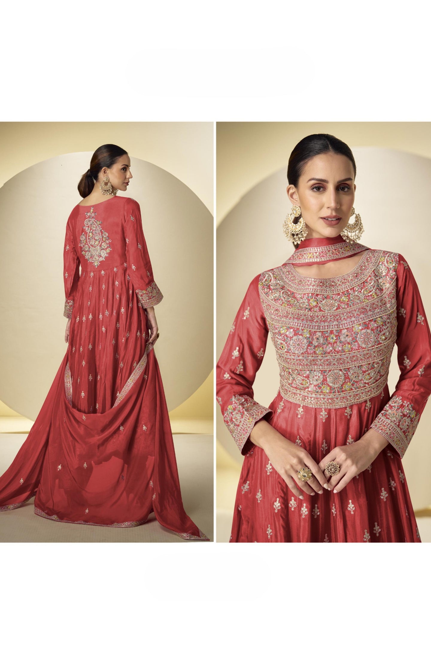 Red Chinon Silk Kameez With Pant For Indian & Pakistani Wedding Festival - Sequins & Thread Embroidery Work