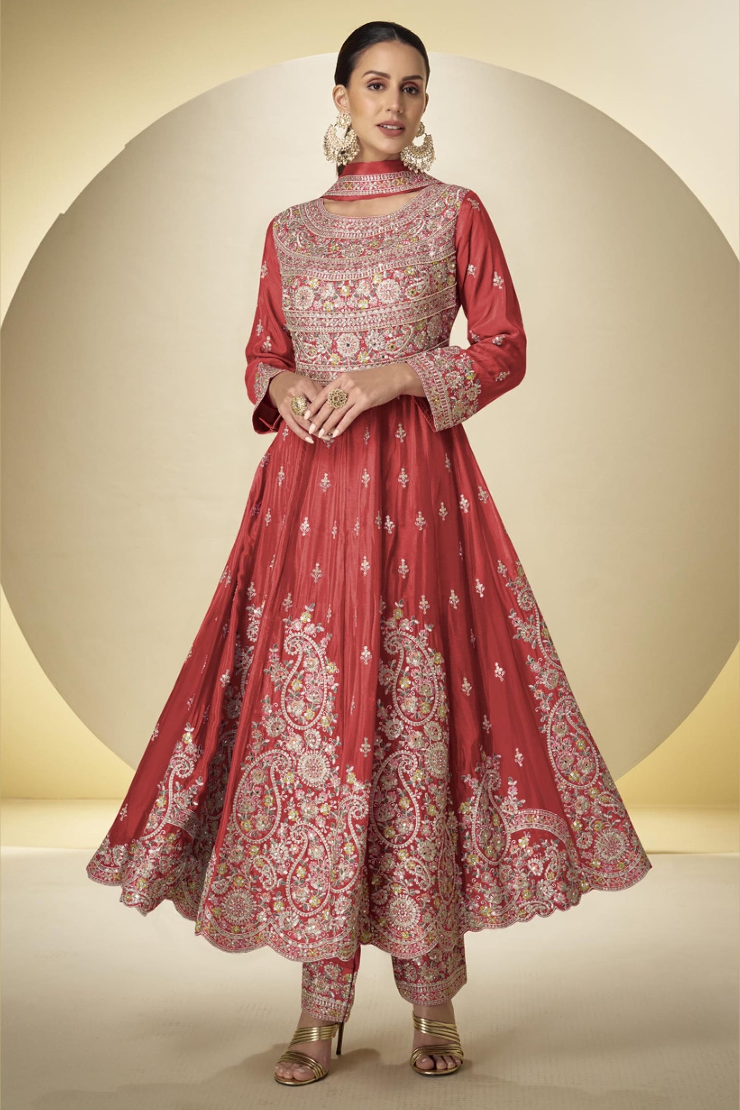 Red Chinon Silk Kameez With Pant For Indian & Pakistani Wedding Festival - Sequins & Thread Embroidery Work
