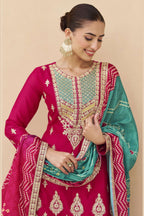 Red Chinon Silk Plazo Suit For Indian & Pakistani Wedding Festival - Sequins & Thread Embroidery Work, Print Work