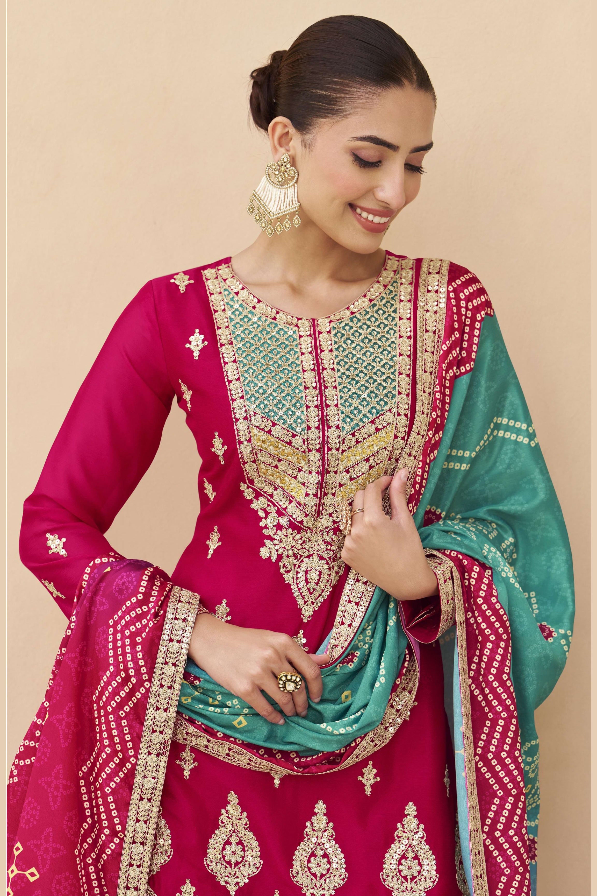 Red Chinon Silk Plazo Suit For Indian & Pakistani Wedding Festival - Sequins & Thread Embroidery Work, Print Work