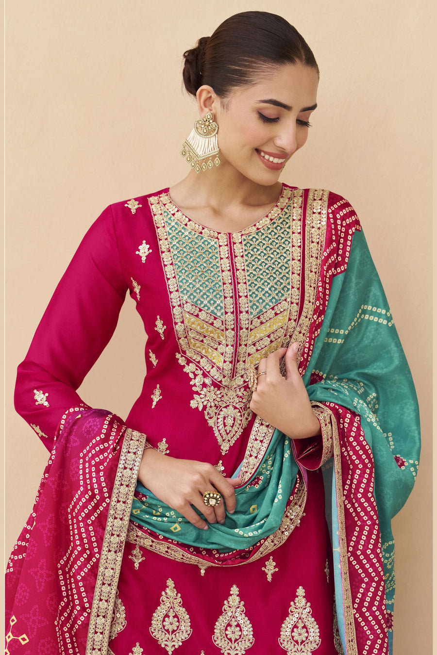 Red Chinon Silk Plazo Suit For Indian & Pakistani Wedding Festival - Sequins & Thread Embroidery Work, Print Work