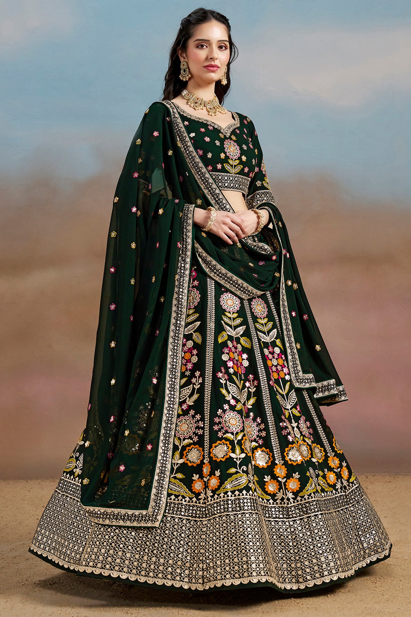 Green Georgette Lehenga Choli For Indian & Pakistani Wedding Festival - Zari Work, Resham Embroidery Work, Sequence Embroidery Work, Dori Work