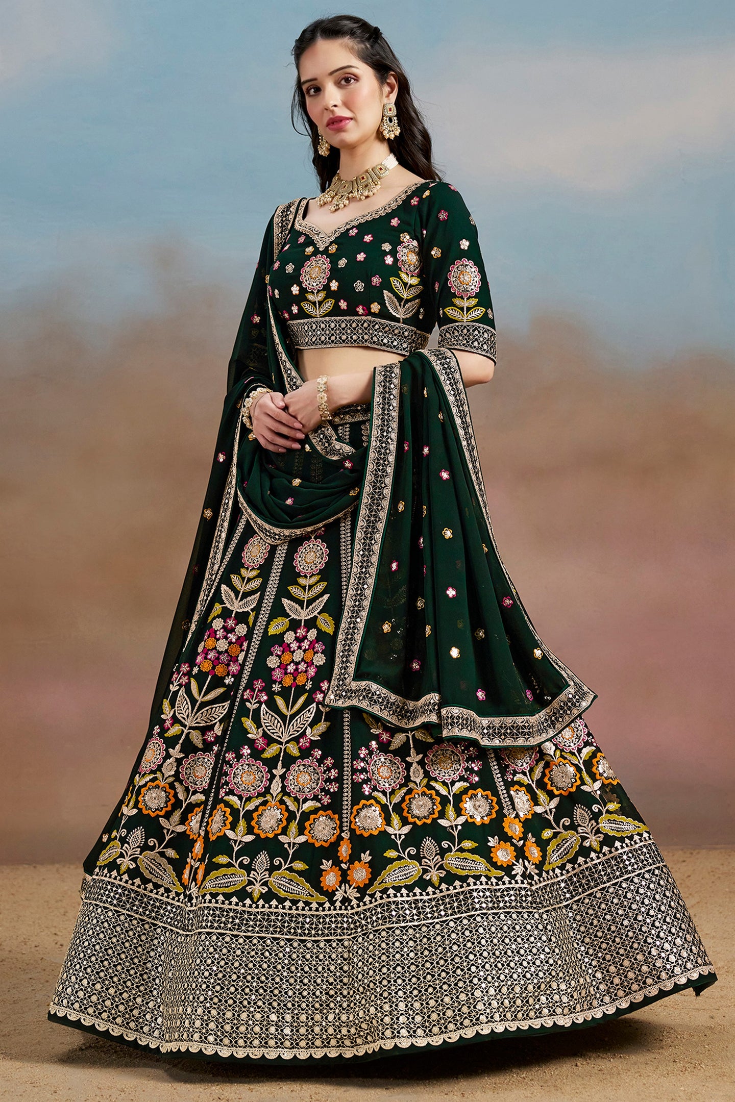 Green Georgette Lehenga Choli For Indian & Pakistani Wedding Festival - Zari Work, Resham Embroidery Work, Sequence Embroidery Work, Dori Work