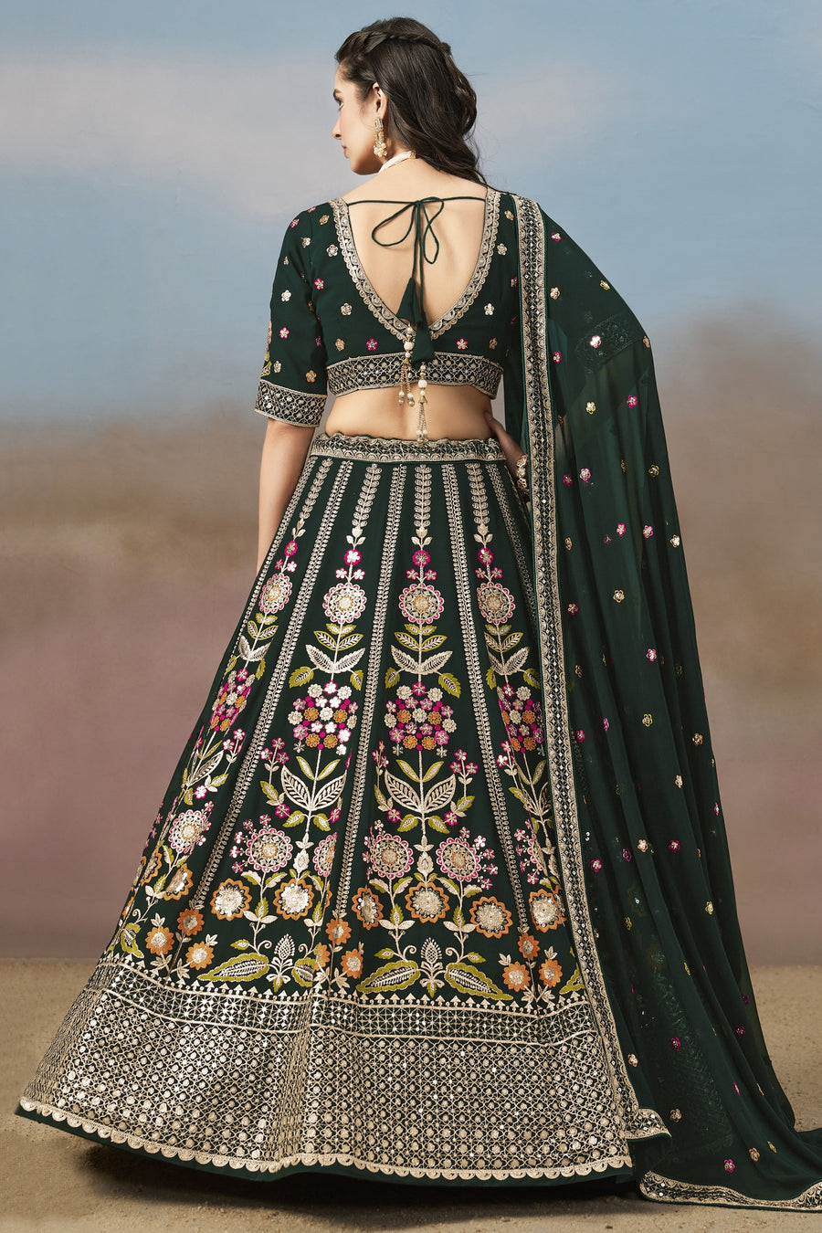 Green Georgette Lehenga Choli For Indian & Pakistani Wedding Festival - Zari Work, Resham Embroidery Work, Sequence Embroidery Work, Dori Work