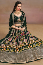 Green Georgette Lehenga Choli For Indian & Pakistani Wedding Festival - Zari Work, Resham Embroidery Work, Sequence Embroidery Work, Dori Work