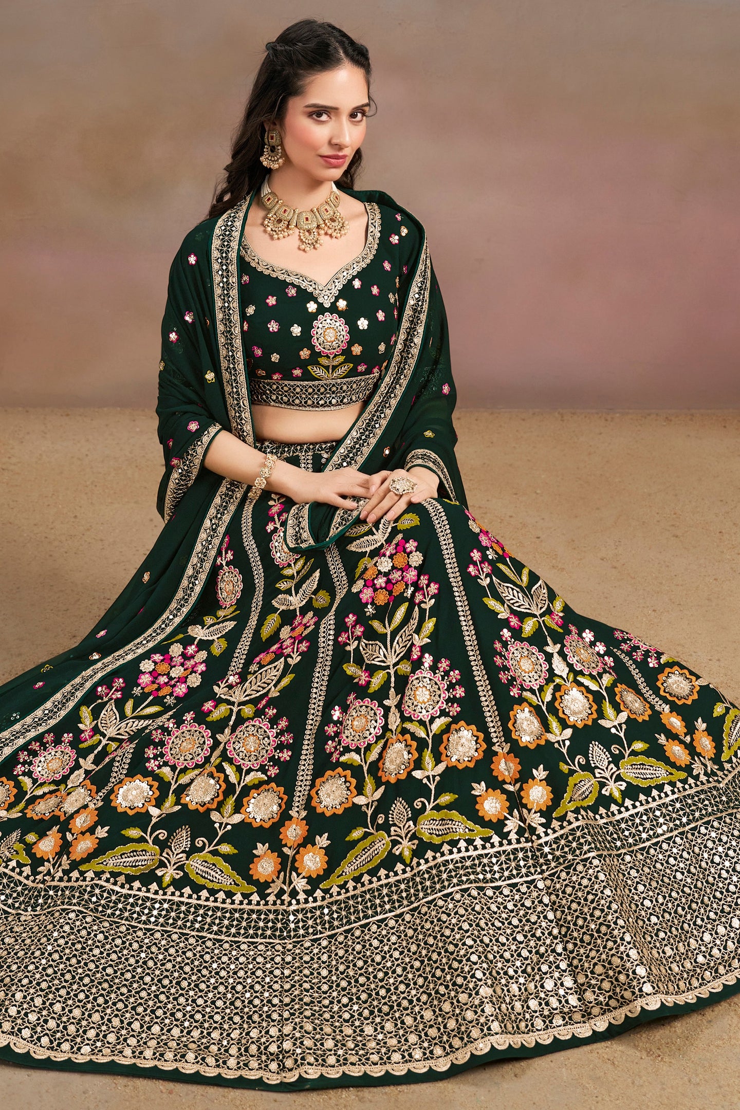 Green Georgette Lehenga Choli For Indian & Pakistani Wedding Festival - Zari Work, Resham Embroidery Work, Sequence Embroidery Work, Dori Work
