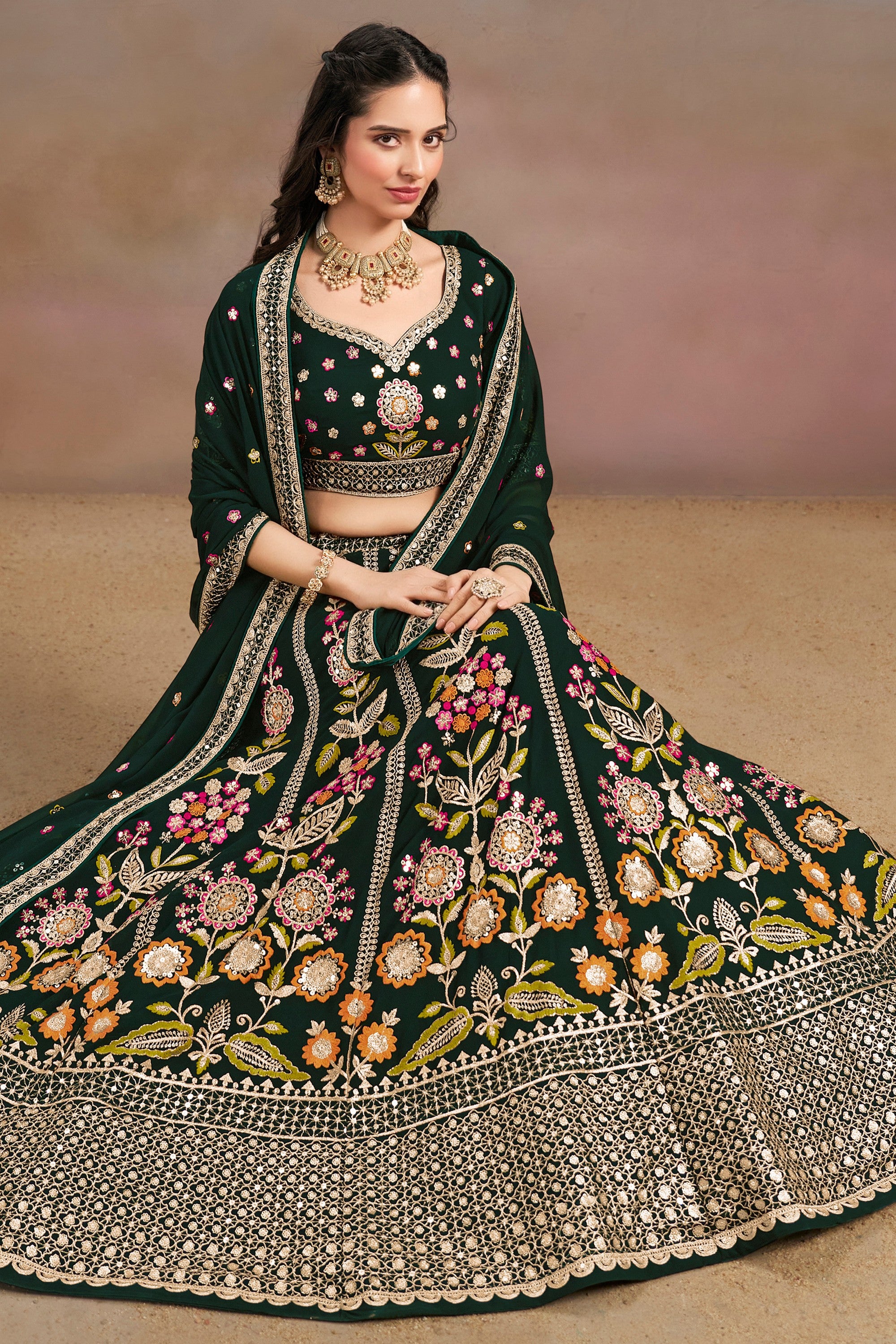 Green Georgette Lehenga Choli For Indian & Pakistani Wedding Festival - Zari Work, Resham Embroidery Work, Sequence Embroidery Work, Dori Work