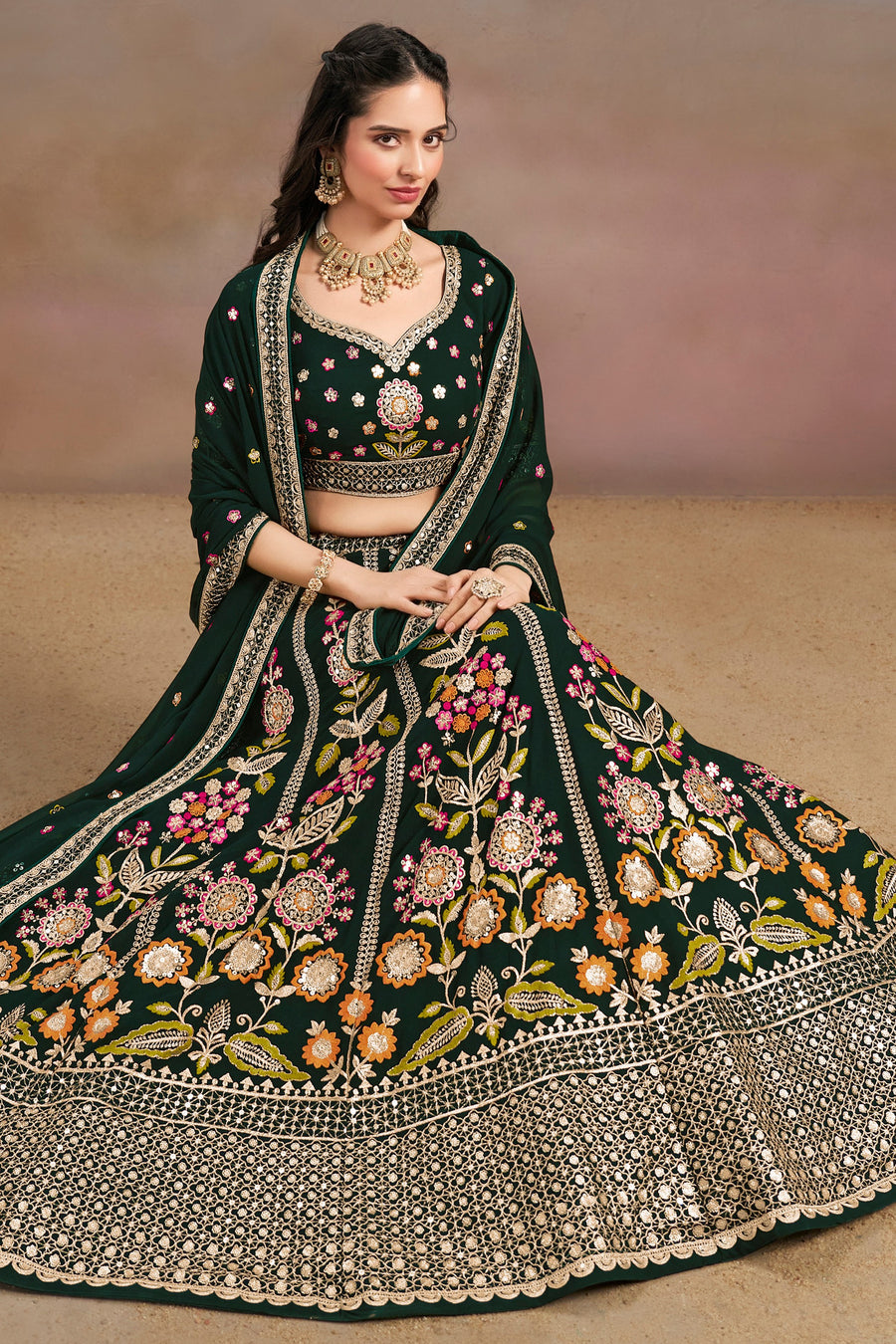 Green Georgette Lehenga Choli For Indian & Pakistani Wedding Festival - Zari Work, Resham Embroidery Work, Sequence Embroidery Work, Dori Work