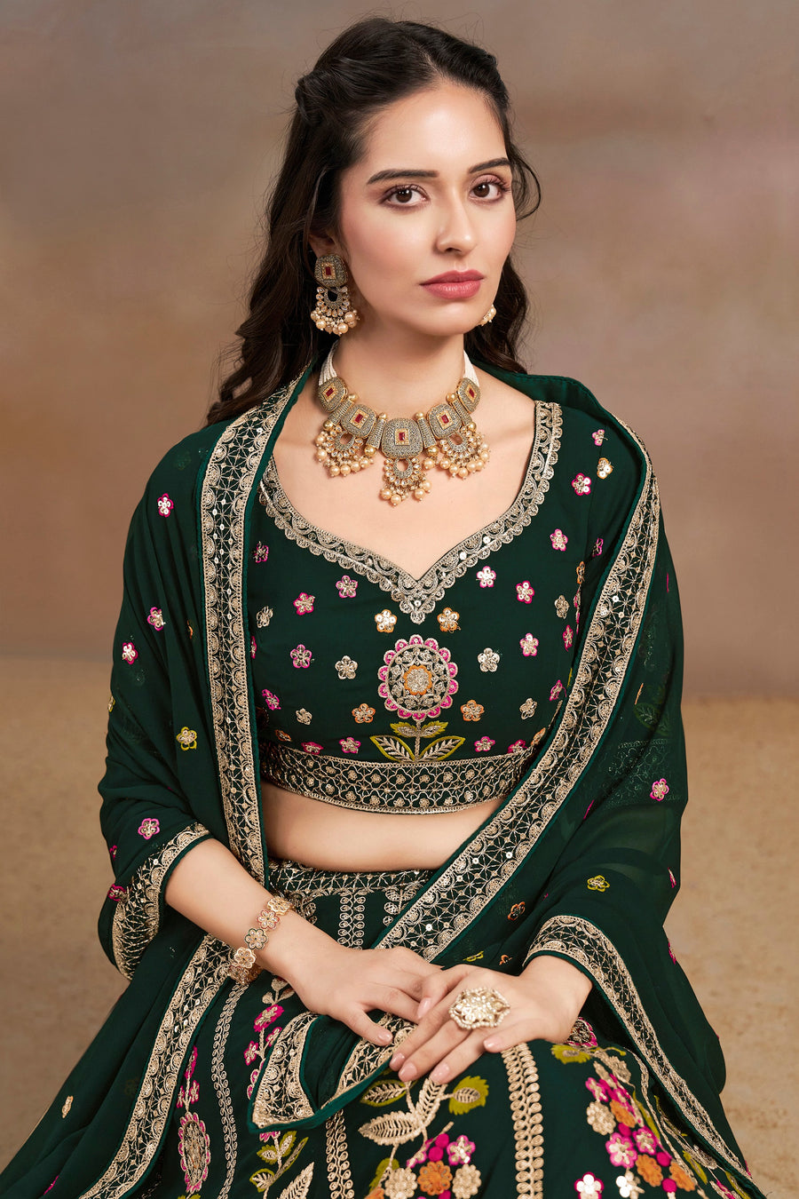 Green Georgette Lehenga Choli For Indian & Pakistani Wedding Festival - Zari Work, Resham Embroidery Work, Sequence Embroidery Work, Dori Work