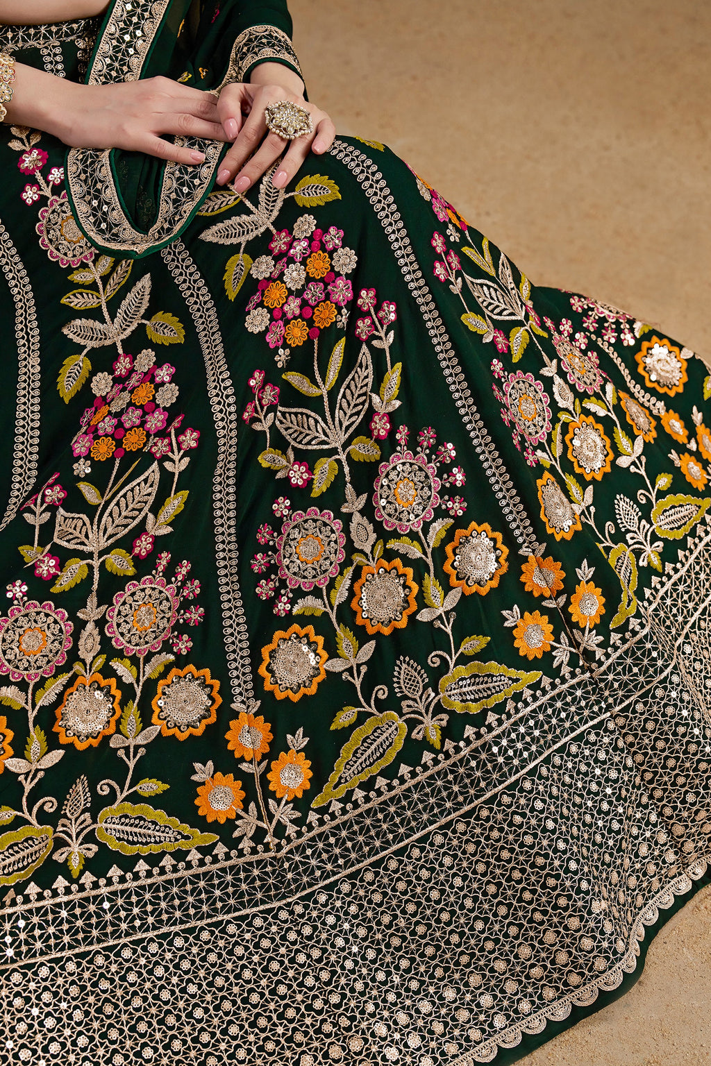 Green Georgette Lehenga Choli For Indian & Pakistani Wedding Festival - Zari Work, Resham Embroidery Work, Sequence Embroidery Work, Dori Work