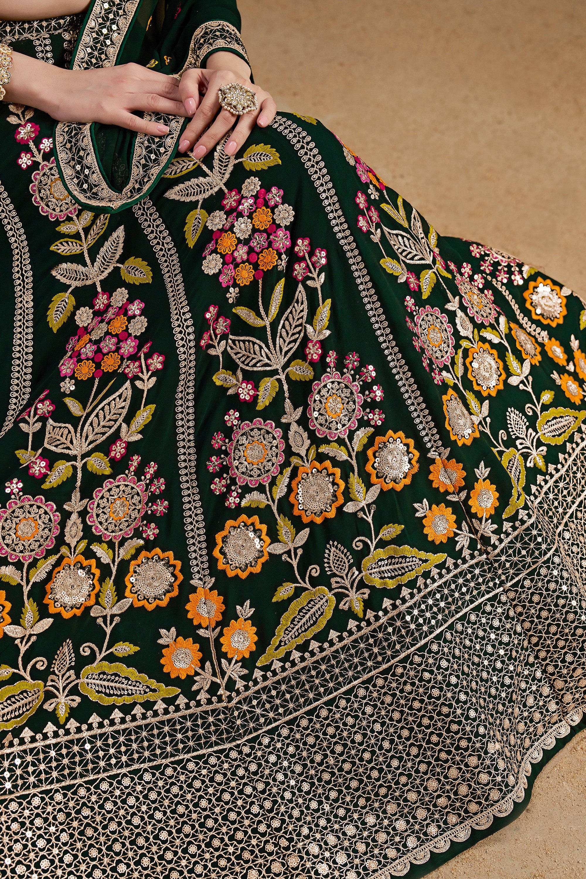 Green Georgette Lehenga Choli For Indian & Pakistani Wedding Festival - Zari Work, Resham Embroidery Work, Sequence Embroidery Work, Dori Work
