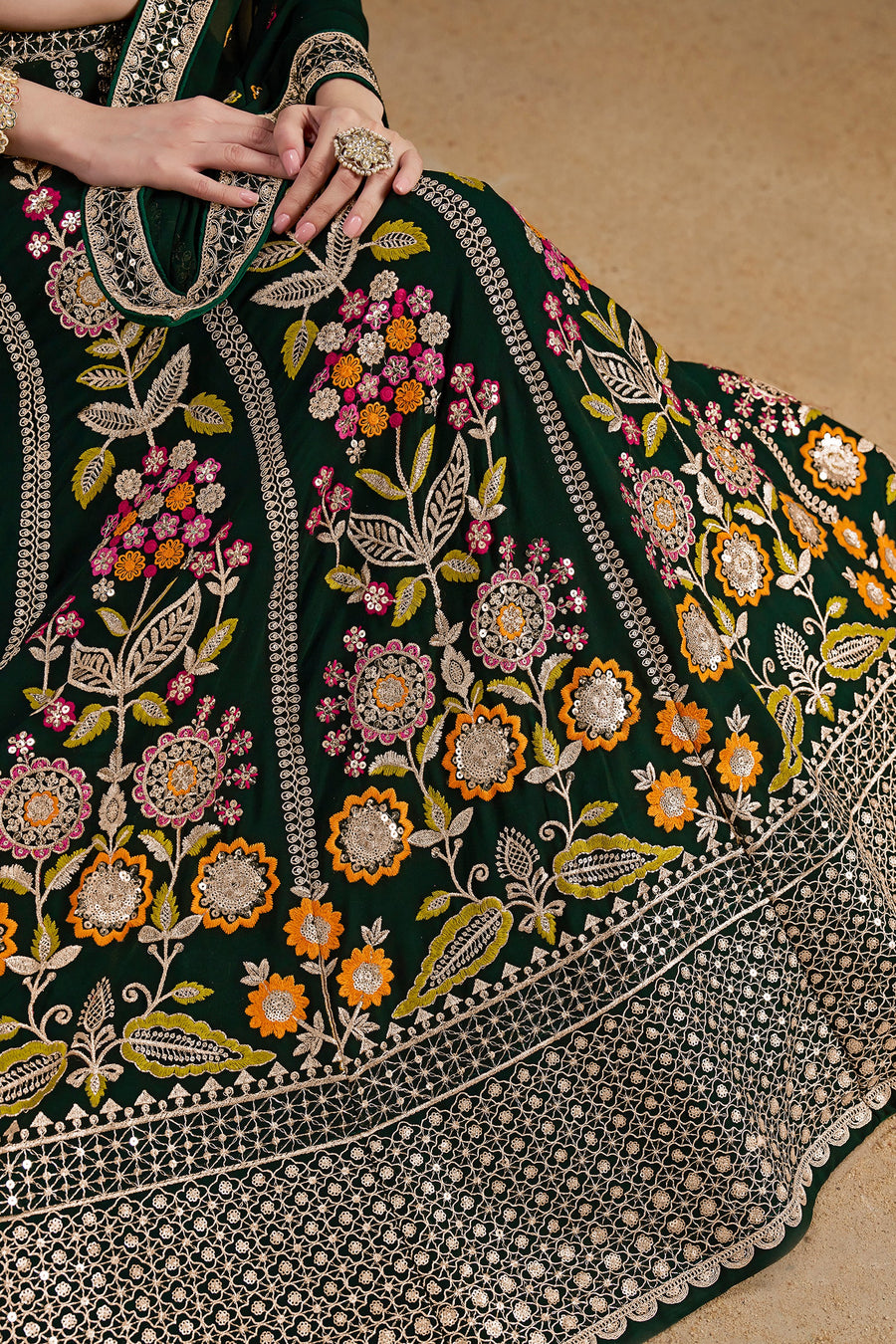 Green Georgette Lehenga Choli For Indian & Pakistani Wedding Festival - Zari Work, Resham Embroidery Work, Sequence Embroidery Work, Dori Work