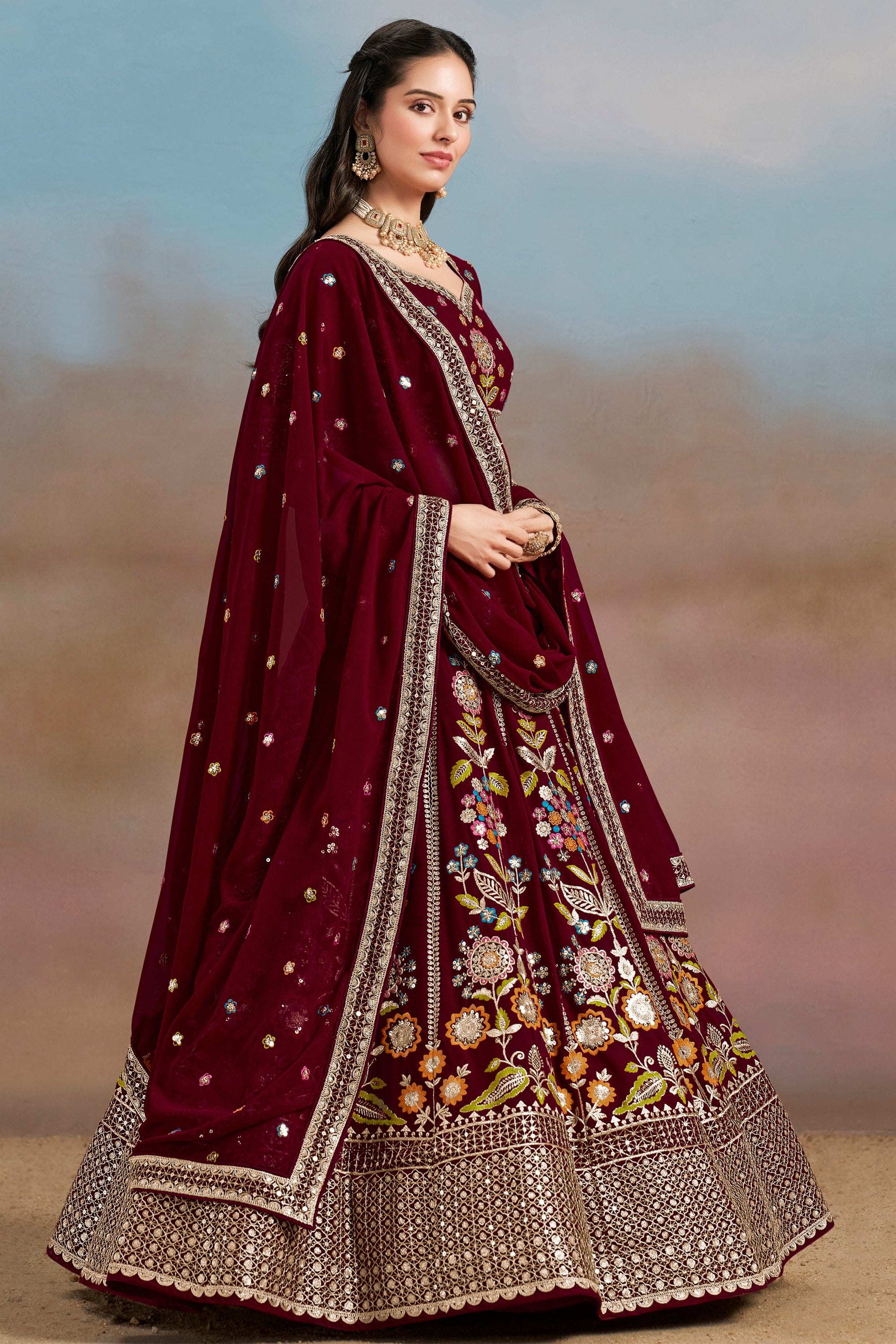 Maroon Georgette Lehenga Choli For Indian & Pakistani Wedding Festival - Zari Work, Resham Embroidery Work, Sequence Embroidery Work, Dori Work