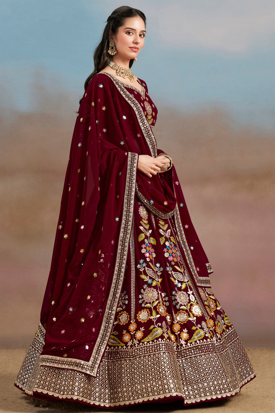 Maroon Georgette Lehenga Choli For Indian & Pakistani Wedding Festival - Zari Work, Resham Embroidery Work, Sequence Embroidery Work, Dori Work