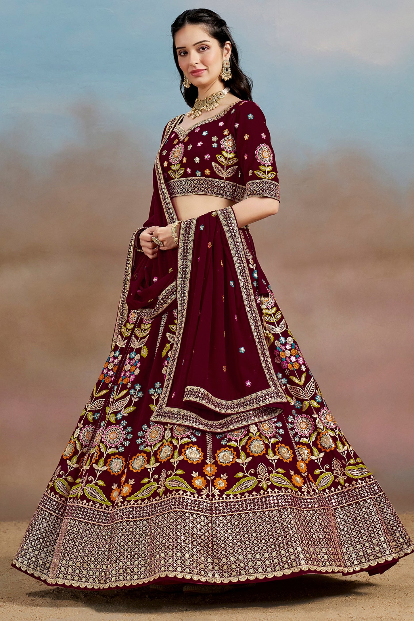 Maroon Georgette Lehenga Choli For Indian & Pakistani Wedding Festival - Zari Work, Resham Embroidery Work, Sequence Embroidery Work, Dori Work