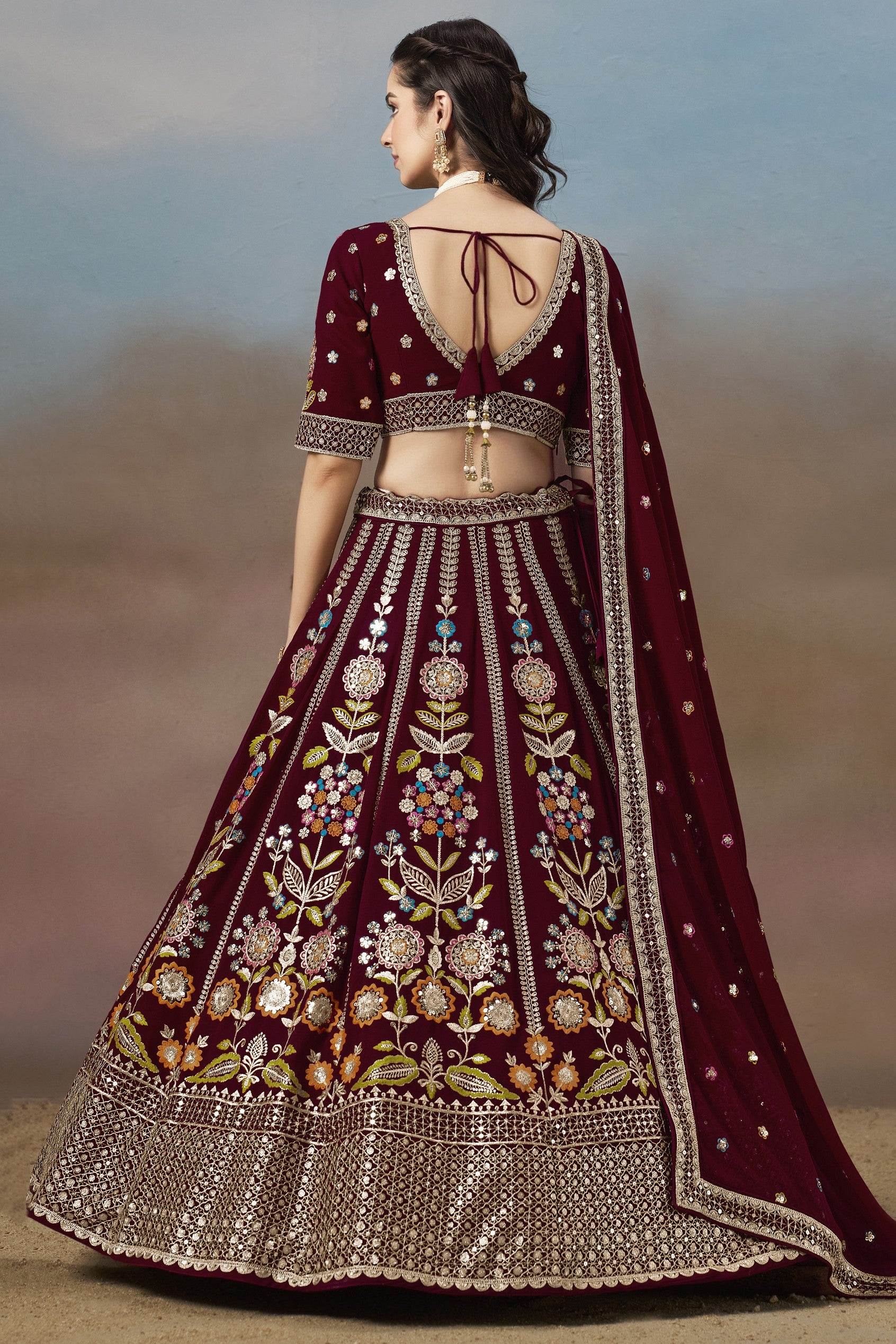 Maroon Georgette Lehenga Choli For Indian & Pakistani Wedding Festival - Zari Work, Resham Embroidery Work, Sequence Embroidery Work, Dori Work