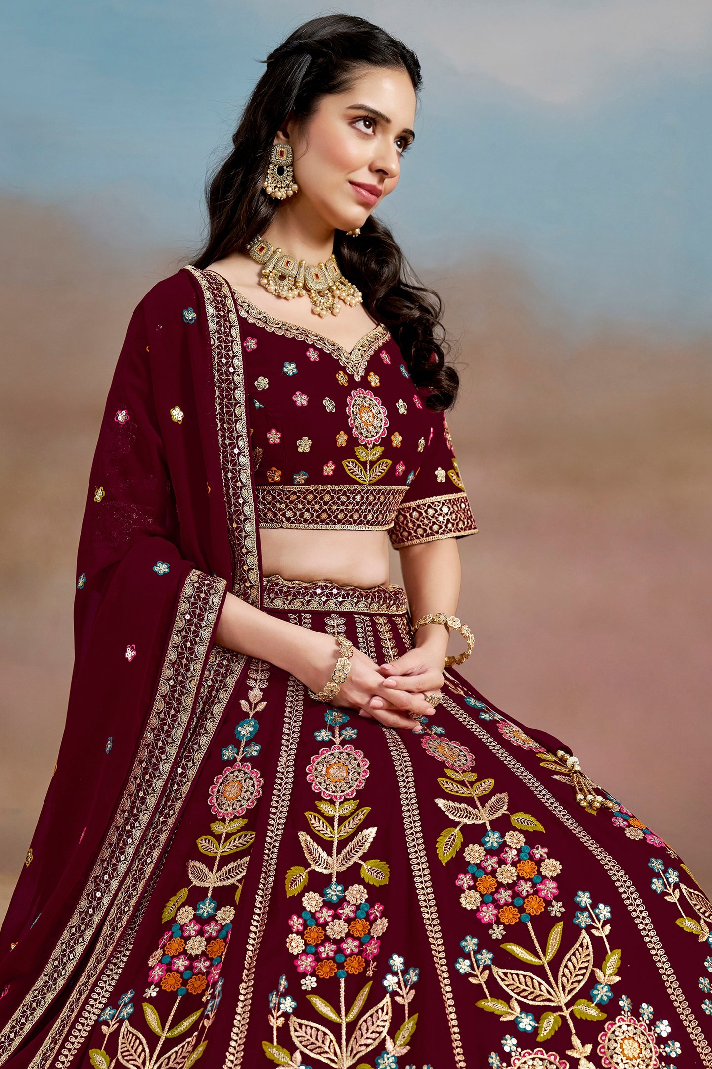 Maroon Georgette Lehenga Choli For Indian & Pakistani Wedding Festival - Zari Work, Resham Embroidery Work, Sequence Embroidery Work, Dori Work