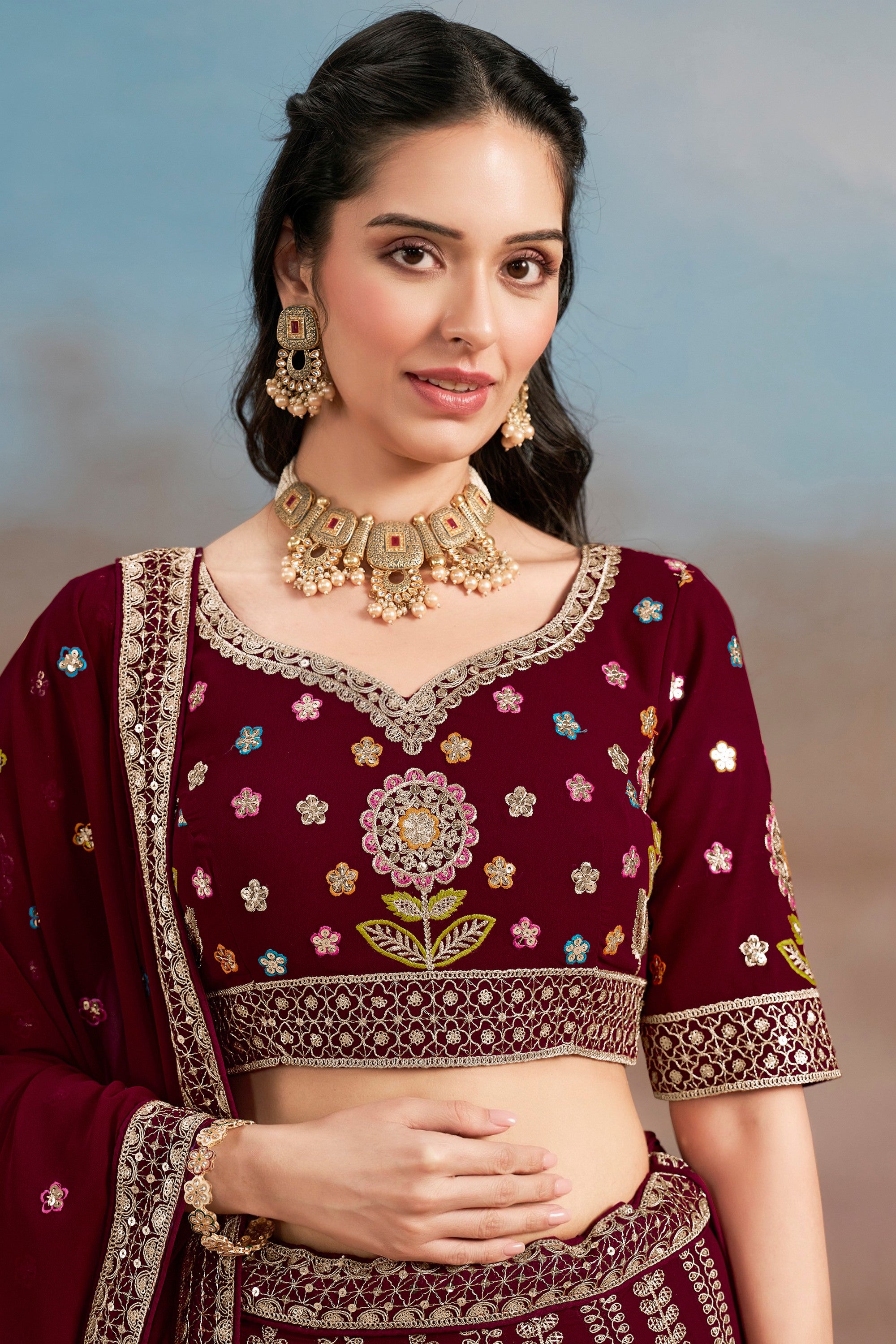 Maroon Georgette Lehenga Choli For Indian & Pakistani Wedding Festival - Zari Work, Resham Embroidery Work, Sequence Embroidery Work, Dori Work