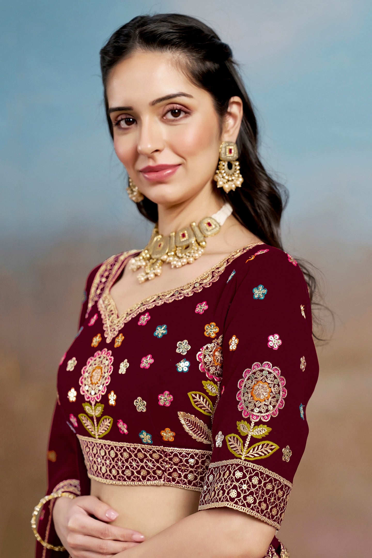 Maroon Georgette Lehenga Choli For Indian & Pakistani Wedding Festival - Zari Work, Resham Embroidery Work, Sequence Embroidery Work, Dori Work