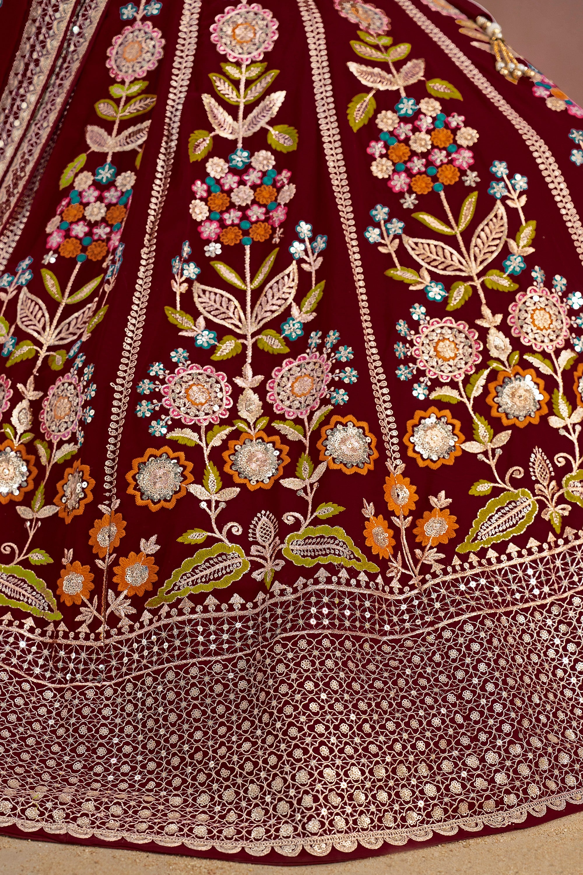 Maroon Georgette Lehenga Choli For Indian & Pakistani Wedding Festival - Zari Work, Resham Embroidery Work, Sequence Embroidery Work, Dori Work