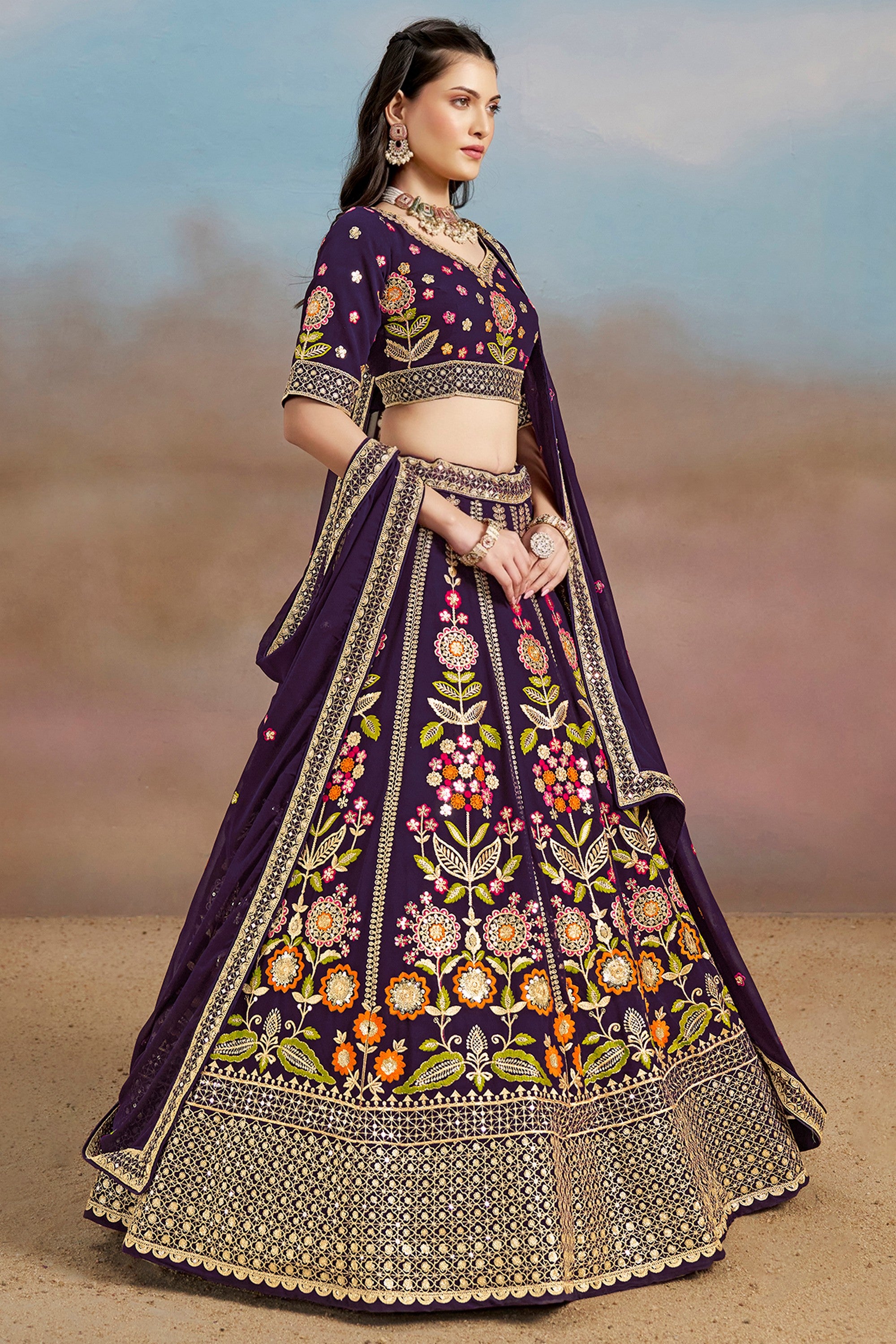 Purple Georgette Lehenga Choli For Indian & Pakistani Wedding Festival - Zari Work, Resham Embroidery Work, Sequence Embroidery Work, Dori Work