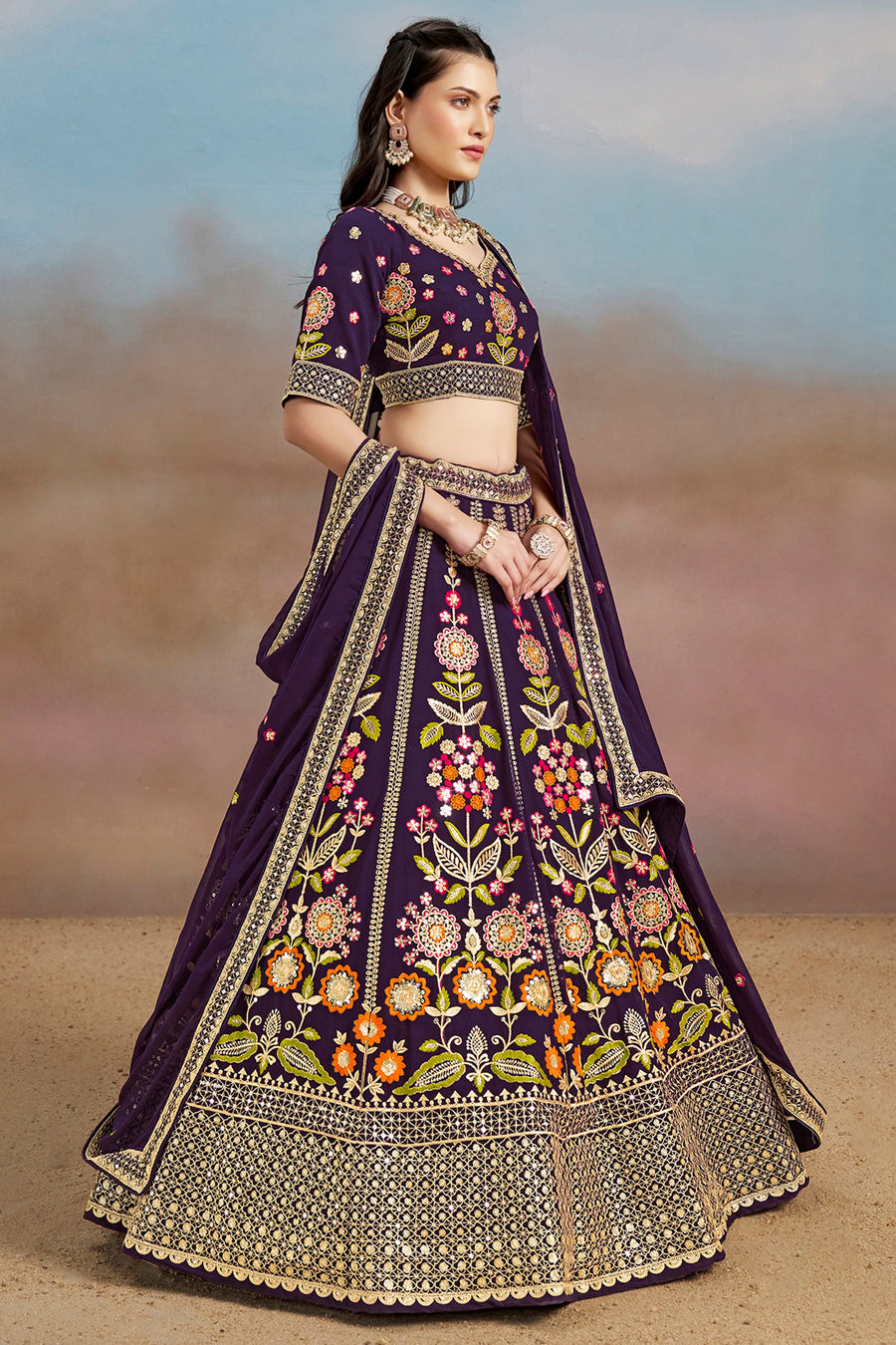 Purple Georgette Lehenga Choli For Indian & Pakistani Wedding Festival - Zari Work, Resham Embroidery Work, Sequence Embroidery Work, Dori Work