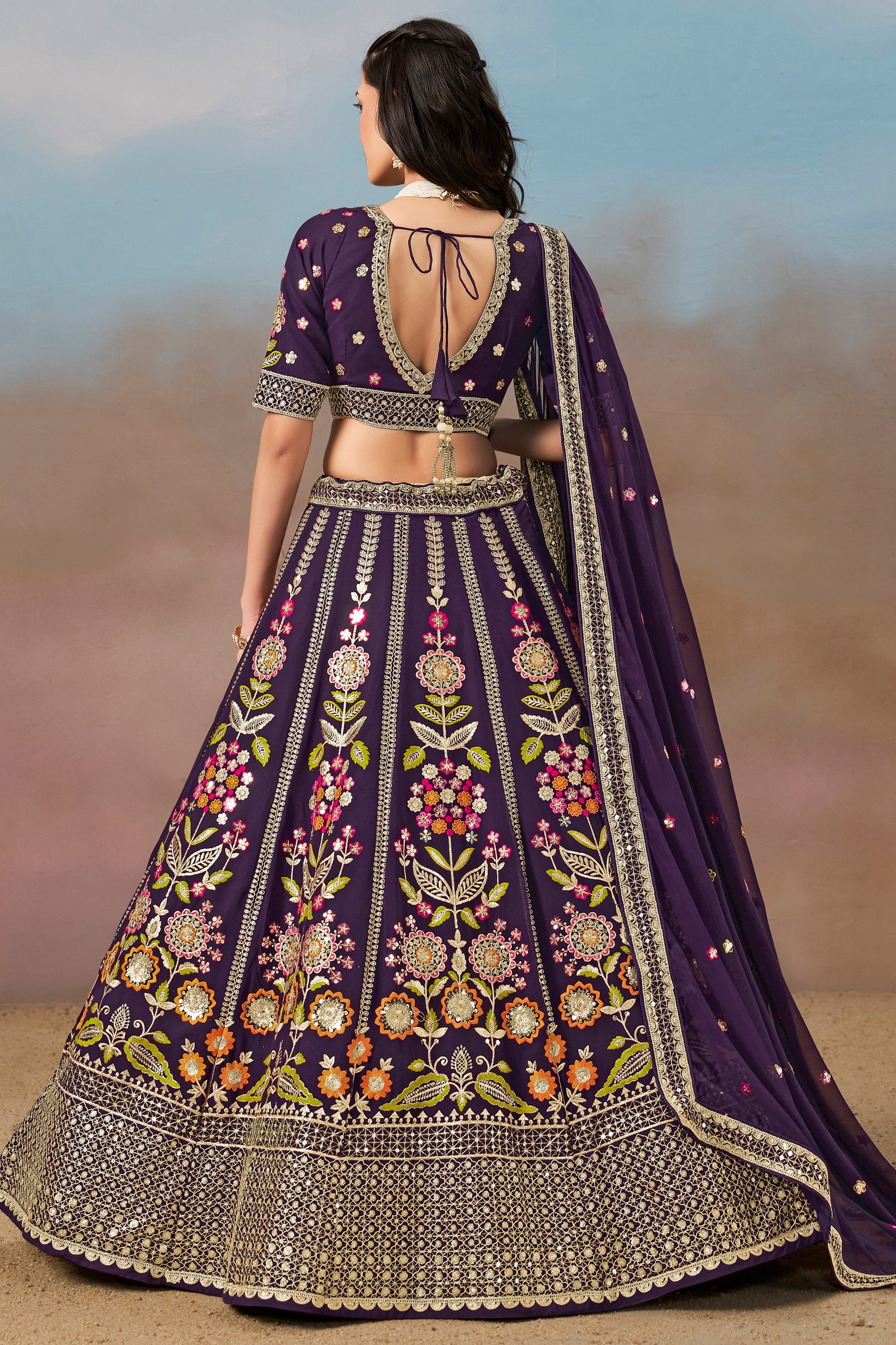 Purple Georgette Lehenga Choli For Indian & Pakistani Wedding Festival - Zari Work, Resham Embroidery Work, Sequence Embroidery Work, Dori Work