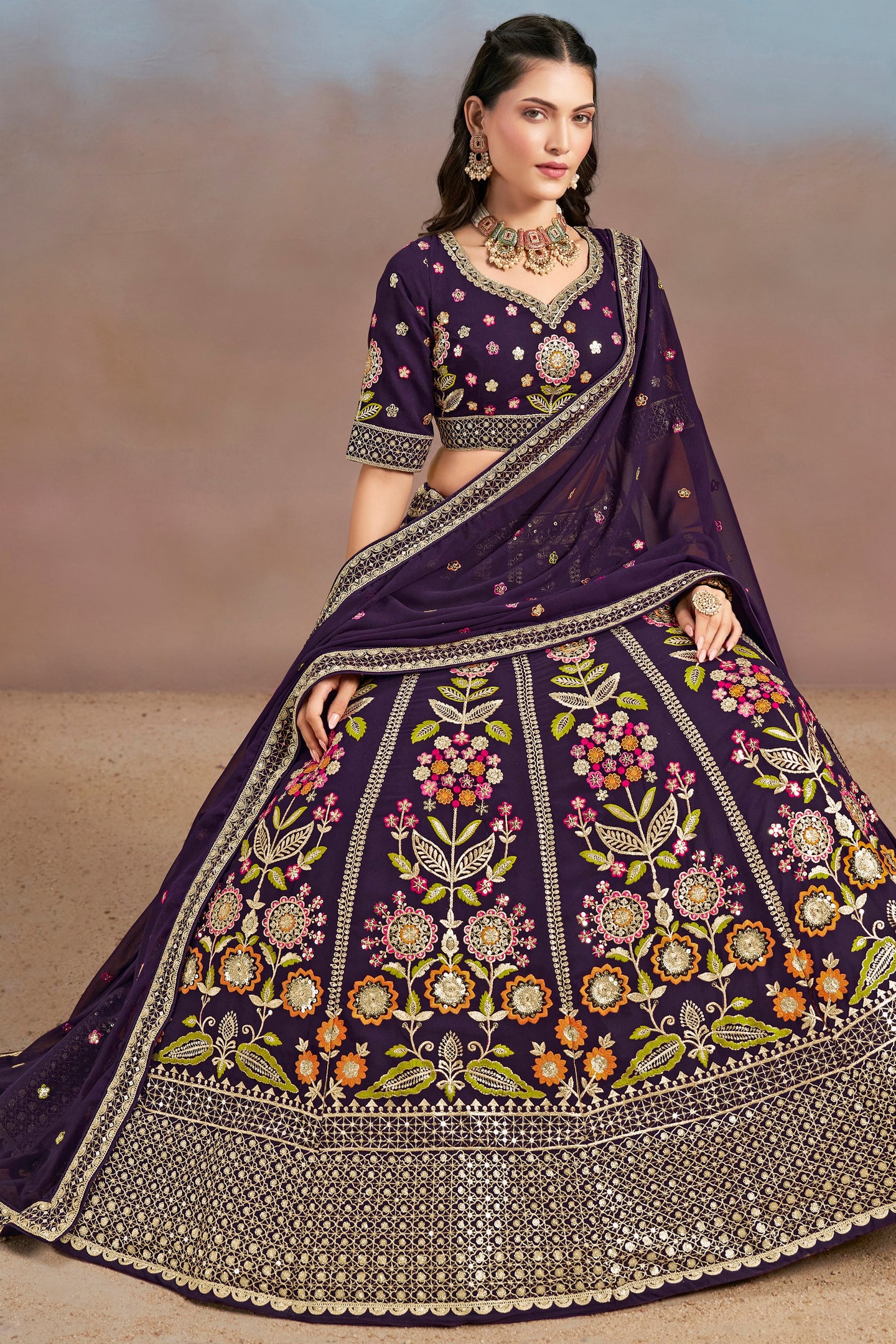 Purple Georgette Lehenga Choli For Indian & Pakistani Wedding Festival - Zari Work, Resham Embroidery Work, Sequence Embroidery Work, Dori Work