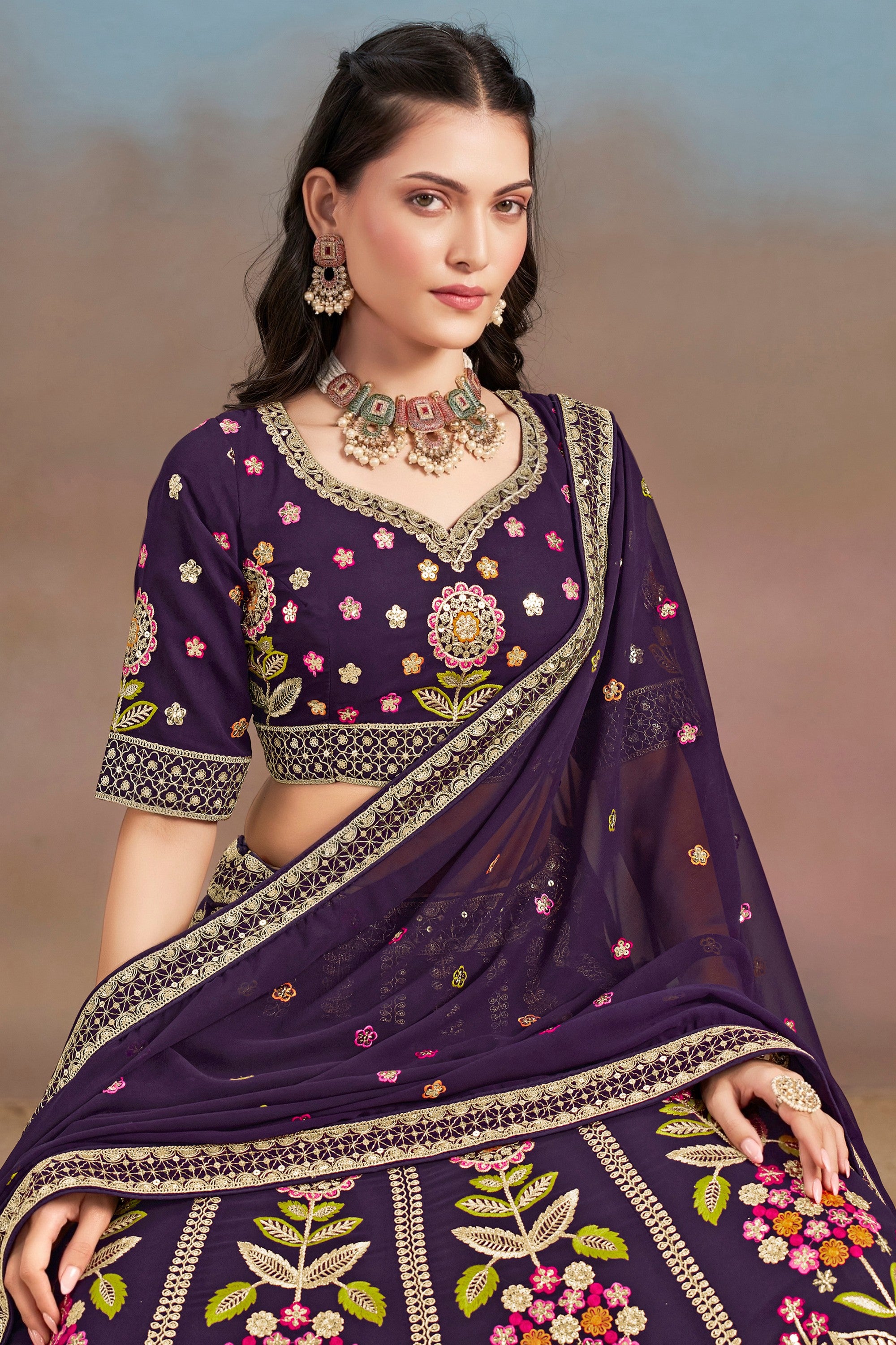 Purple Georgette Lehenga Choli For Indian & Pakistani Wedding Festival - Zari Work, Resham Embroidery Work, Sequence Embroidery Work, Dori Work