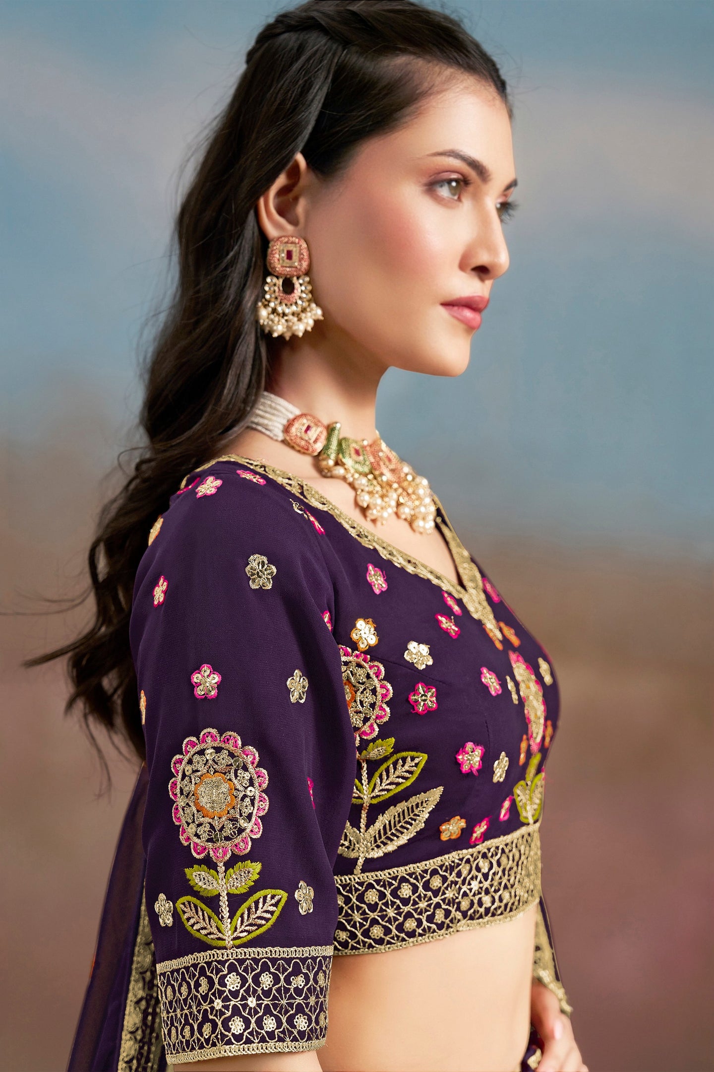 Purple Georgette Lehenga Choli For Indian & Pakistani Wedding Festival - Zari Work, Resham Embroidery Work, Sequence Embroidery Work, Dori Work