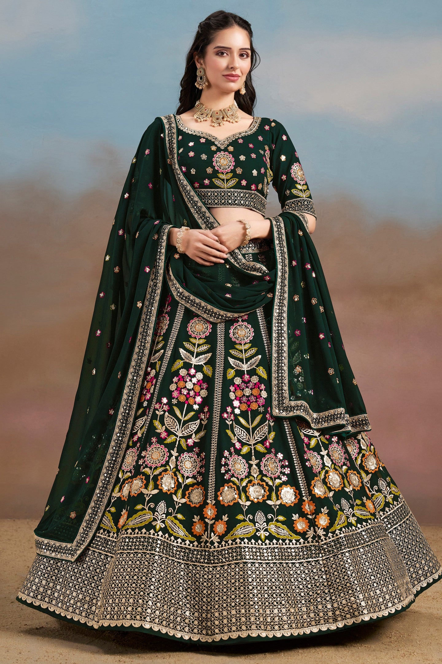 Green Georgette Lehenga Choli For Indian & Pakistani Wedding Festival - Zari Work, Resham Embroidery Work, Sequence Embroidery Work, Dori Work