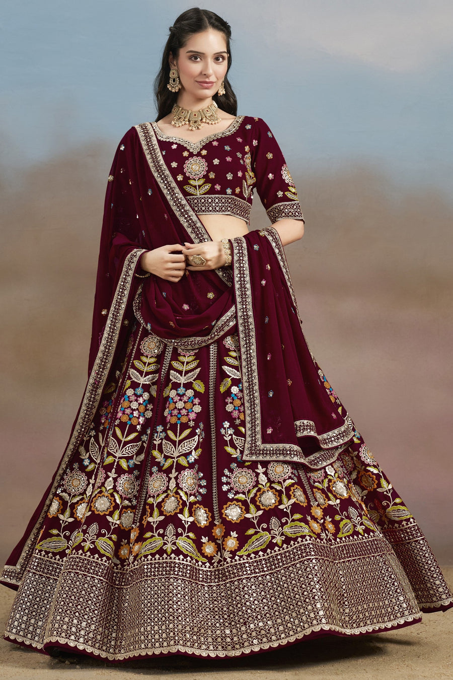 Maroon Georgette Lehenga Choli For Indian & Pakistani Wedding Festival - Zari Work, Resham Embroidery Work, Sequence Embroidery Work, Dori Work